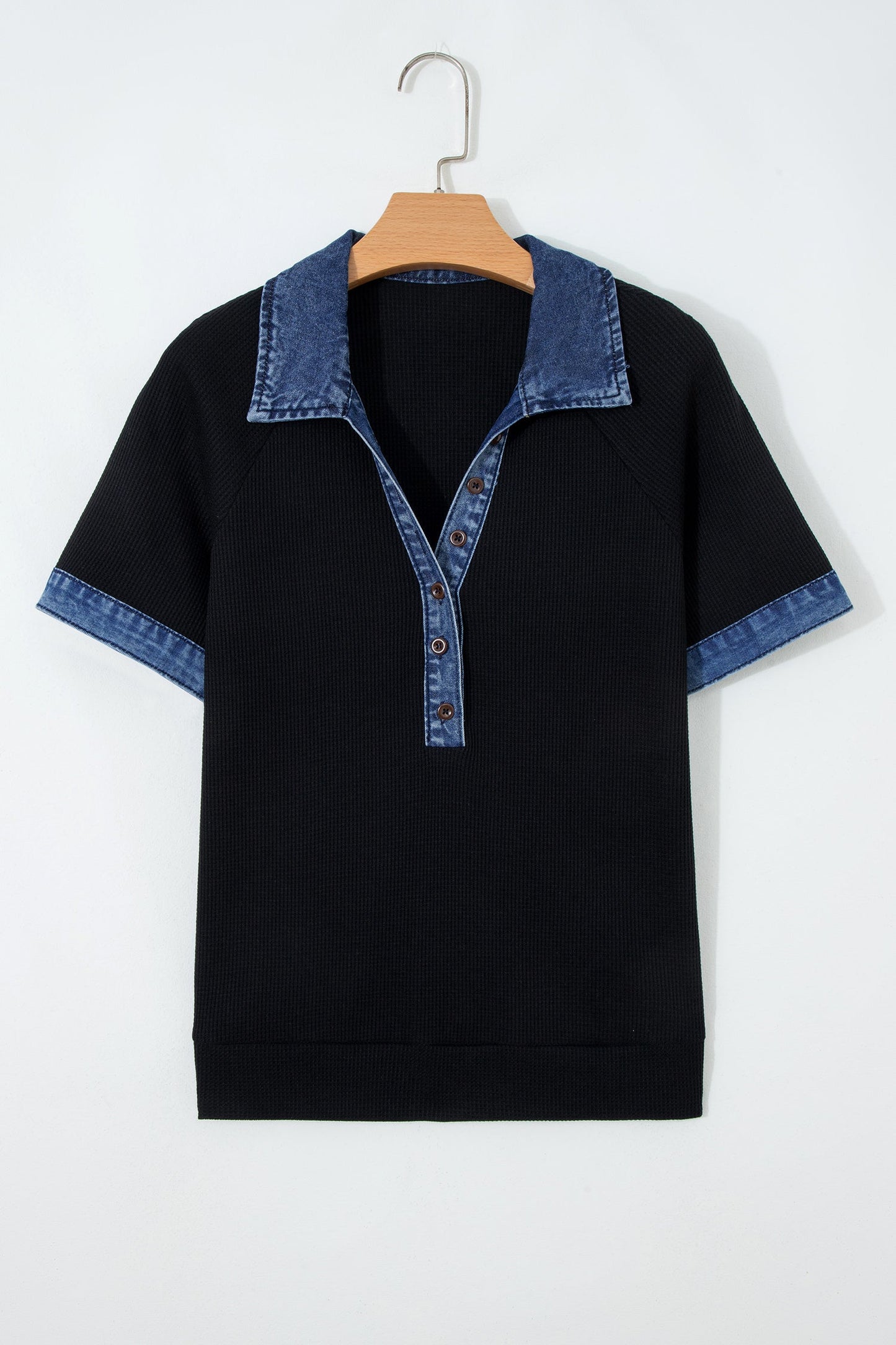 Denim Contrast Trim Patchwork Polo Collar Top