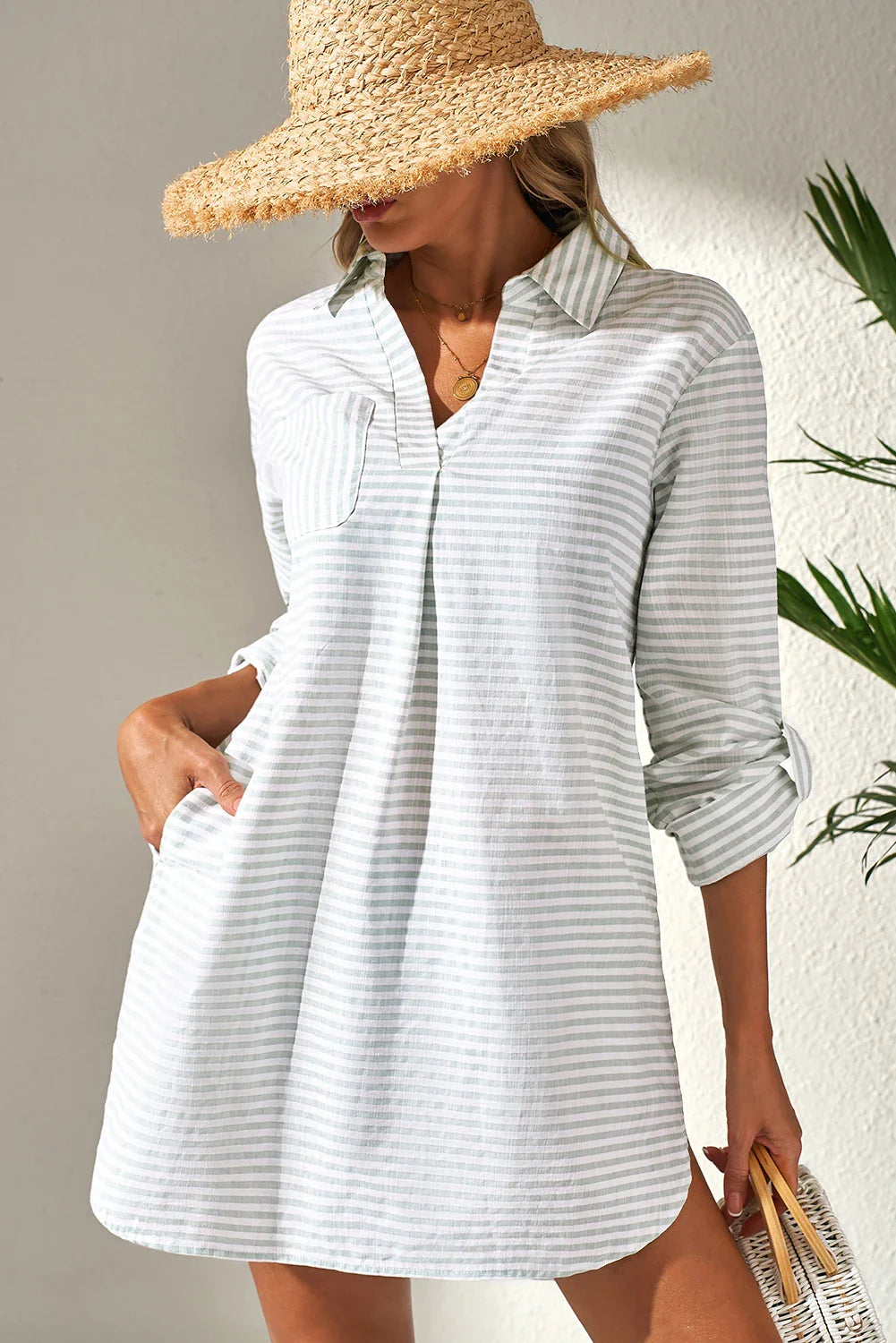 Stripe Collared V-Neck Chest Pocket Cover Up