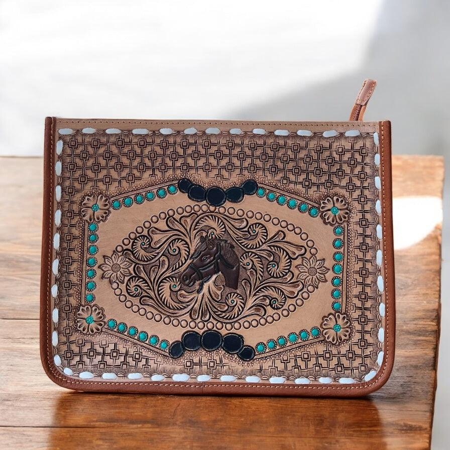 Horse tooled leather crossbody bag