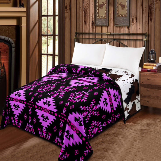 Violet Aztec - Cowprint Mia Reversible 2 Design Blanket