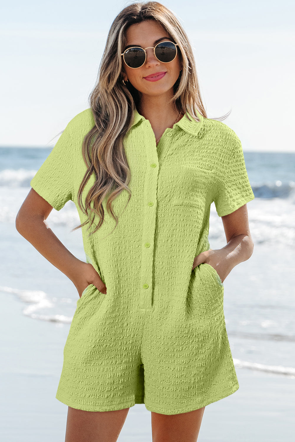Textured Short Sleeve Patch Pocket Buttoned Romper