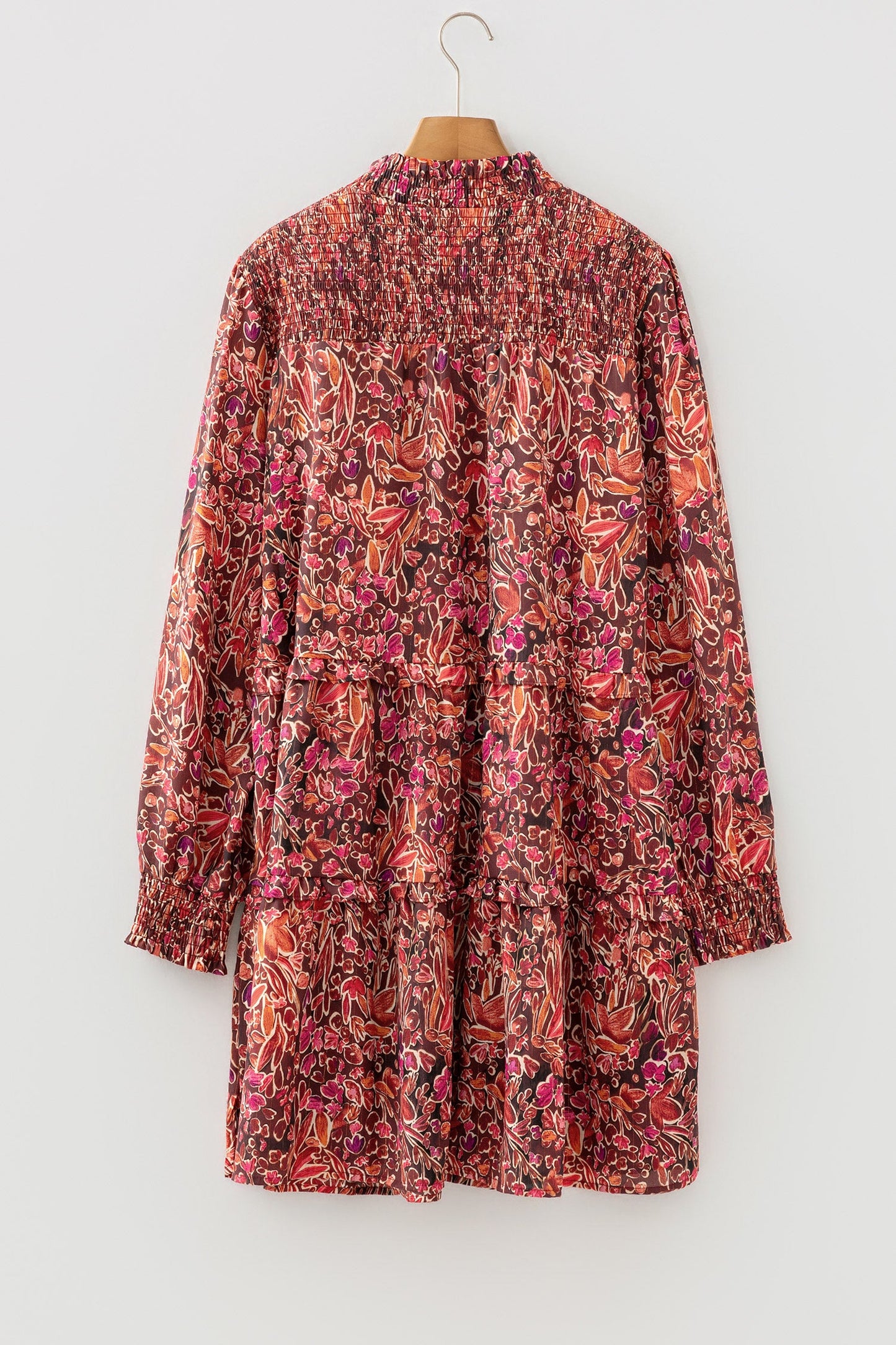 Floral Shirred Mock Neck Long Sleeve Mini Dress
