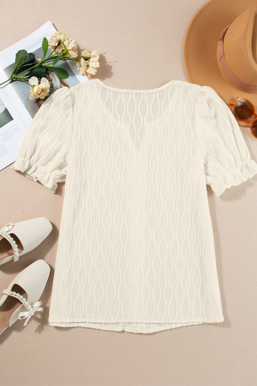 Solid Textured Notch Neck Puff Sleeve Blouse
