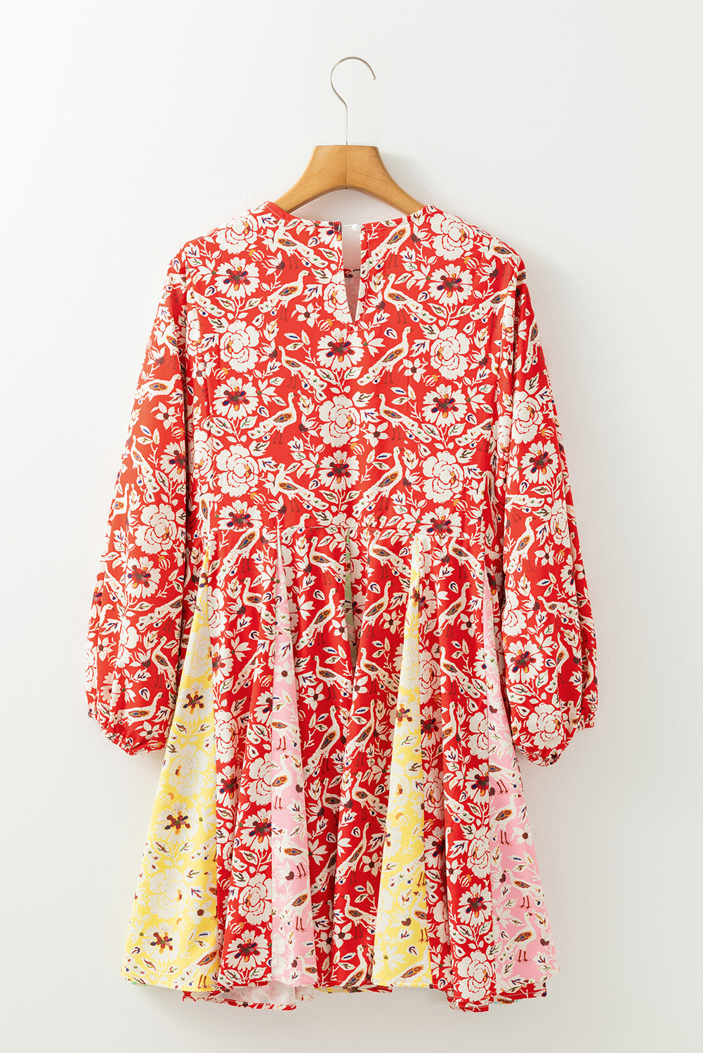 Floral Patchwork Long Sleeve Pleated Mini Dress