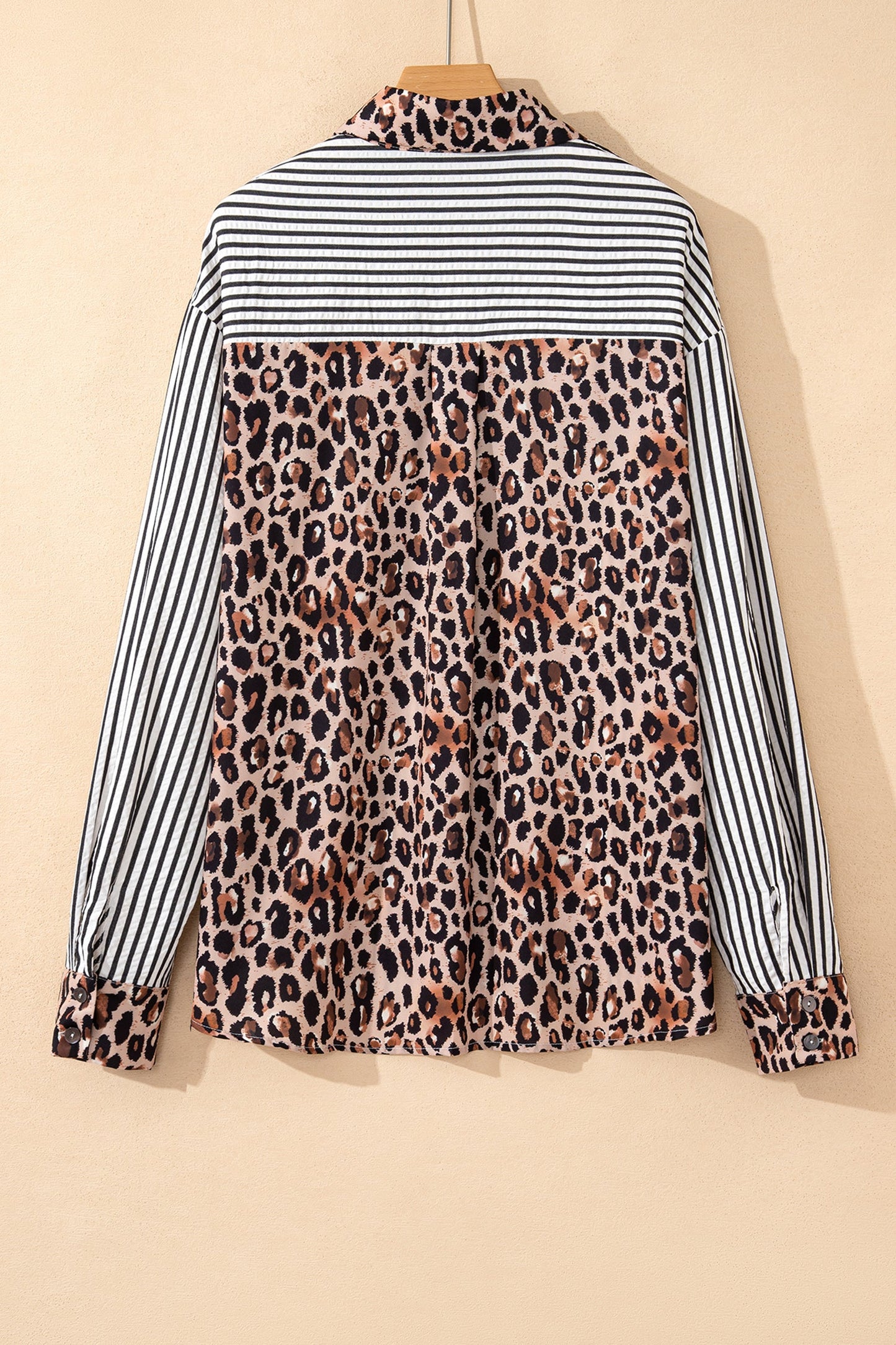 Stripe Leopard Patchwork Button-Up Womens Shirt