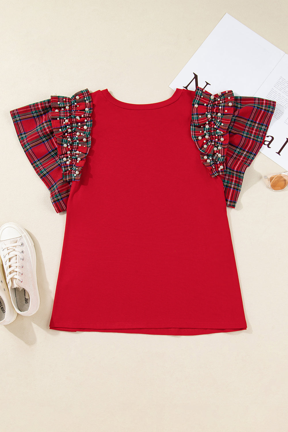 Plus Size Christmas Plaid Pearl Ruffle Sleeve T-shirt
