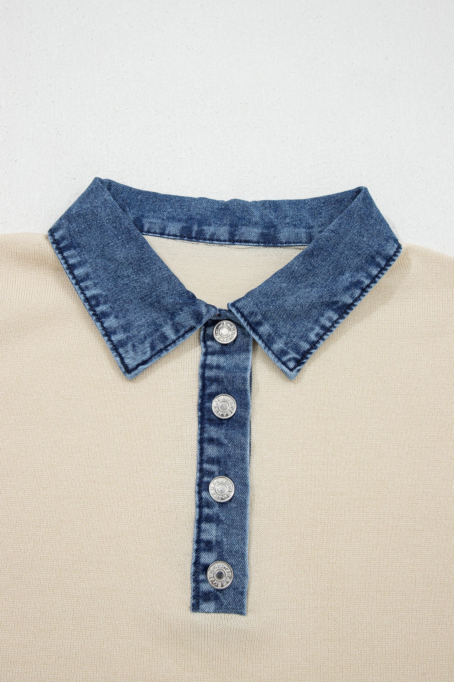 Short Sleeve Knit Denim Patchwork Polo Collar Sweater
