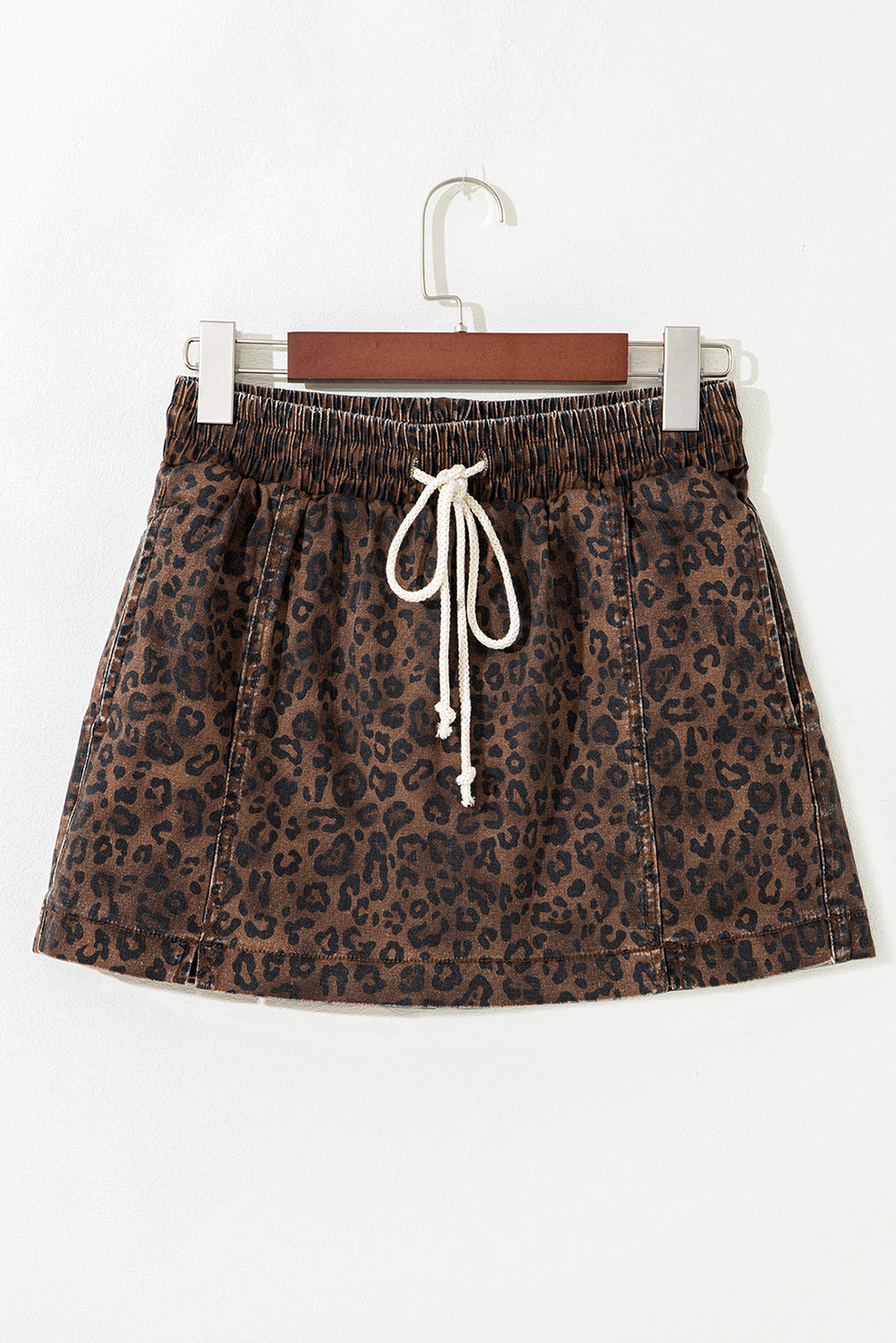 Leopard Denim Elastic Waistband Drawstring Skort