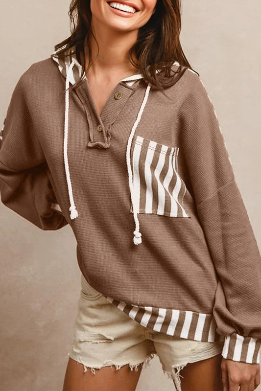 Stripe Patchwork Waffle Knit Buttoned Hoodie