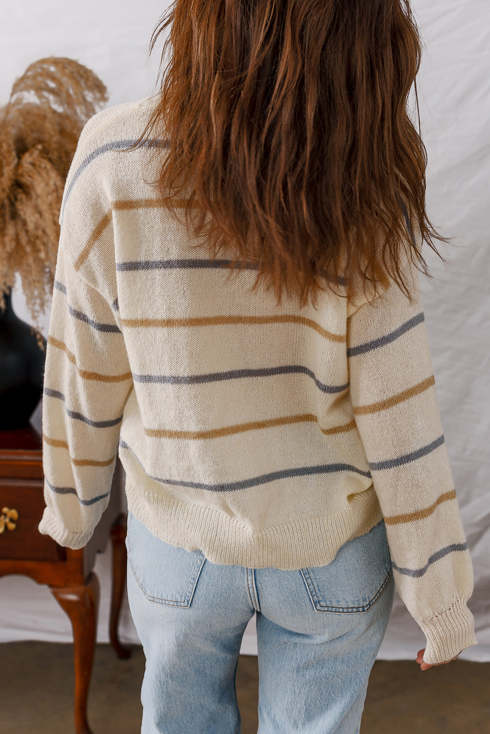 Stripe V-Neck Drop Shoulder Buttoned Cardigan Sweater