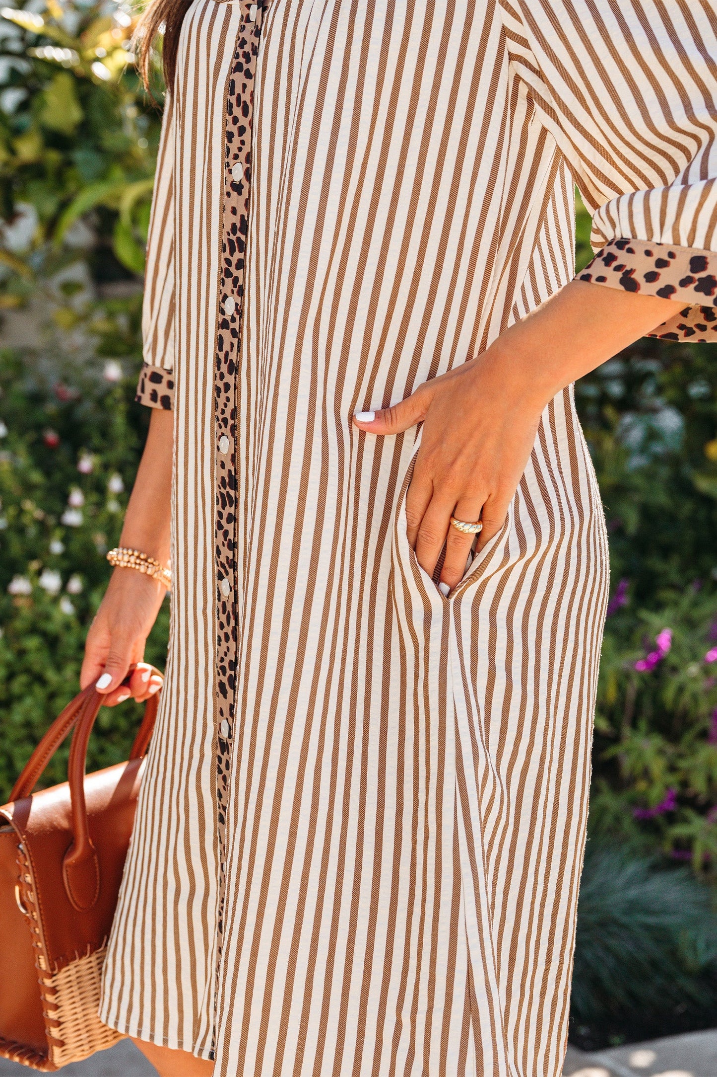 Stripe Leopard Trim 3/4 Sleeve Midi Shirt Dress