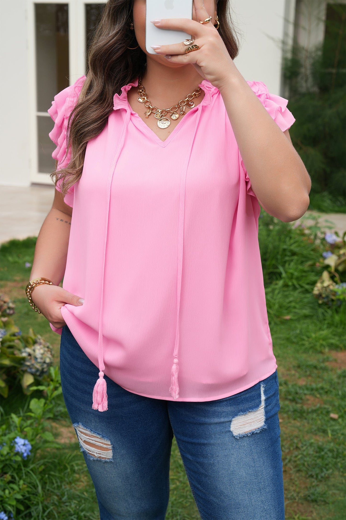 Plus Size Solid Ruffle Tassel Tie V-Neck Blouse