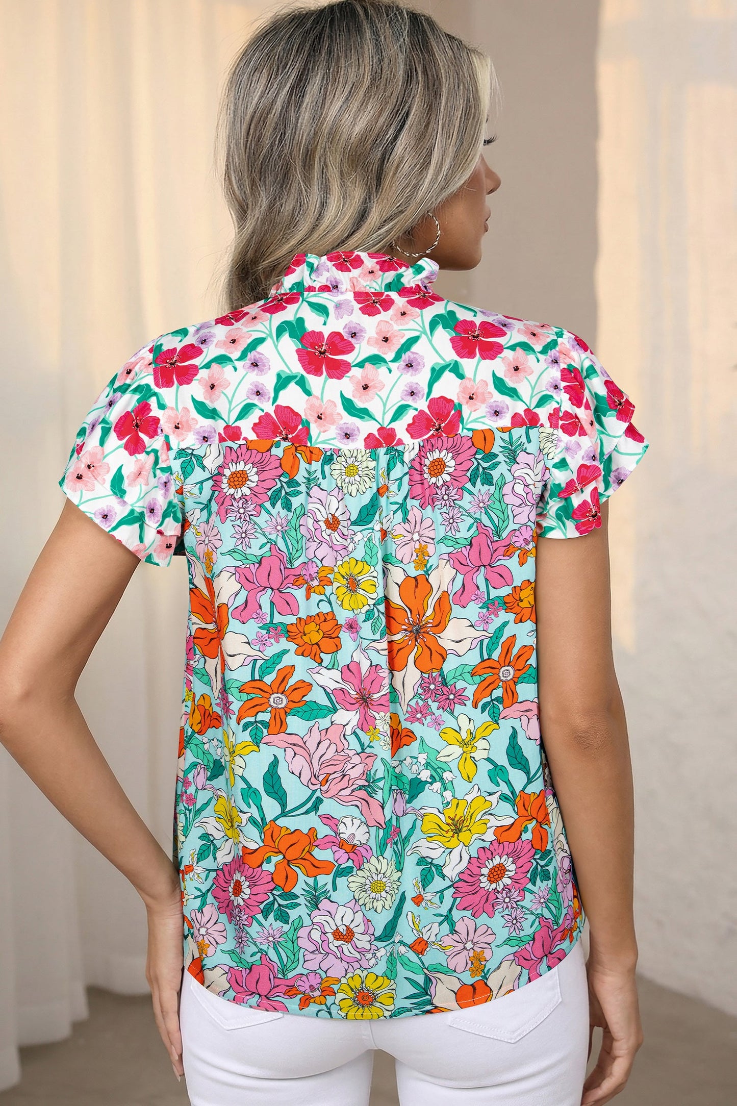 Floral Flutter Sleeve Split Neck Buttoned Blouse
