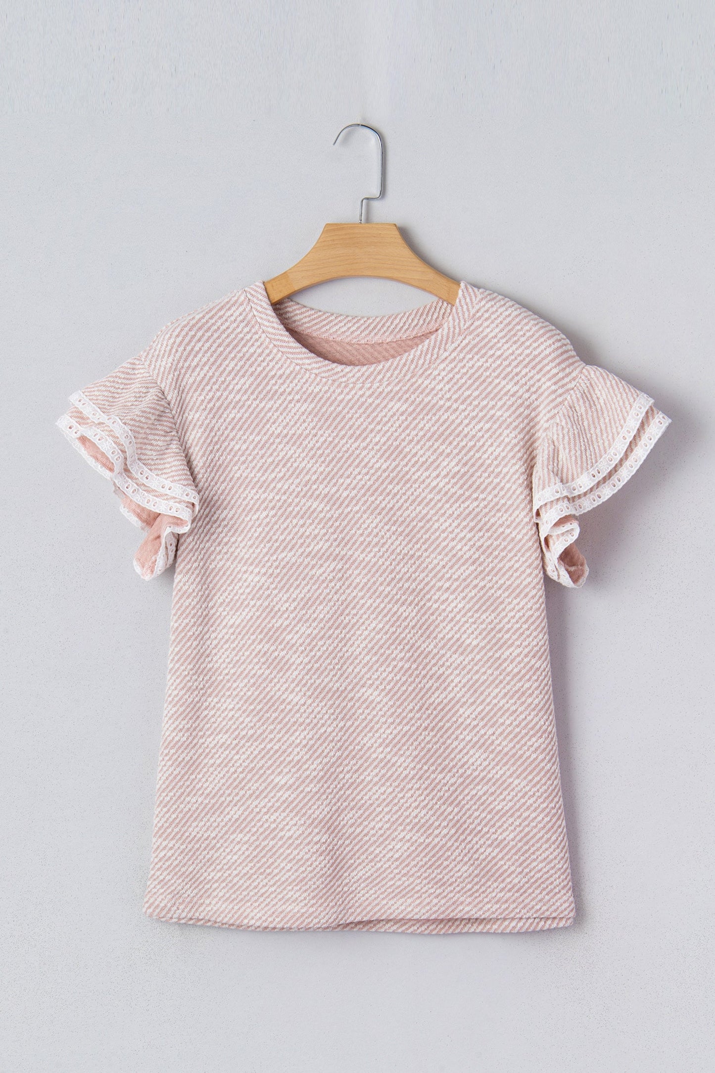 Stripe Twill Ruffle Lace Short Sleeve Blouse