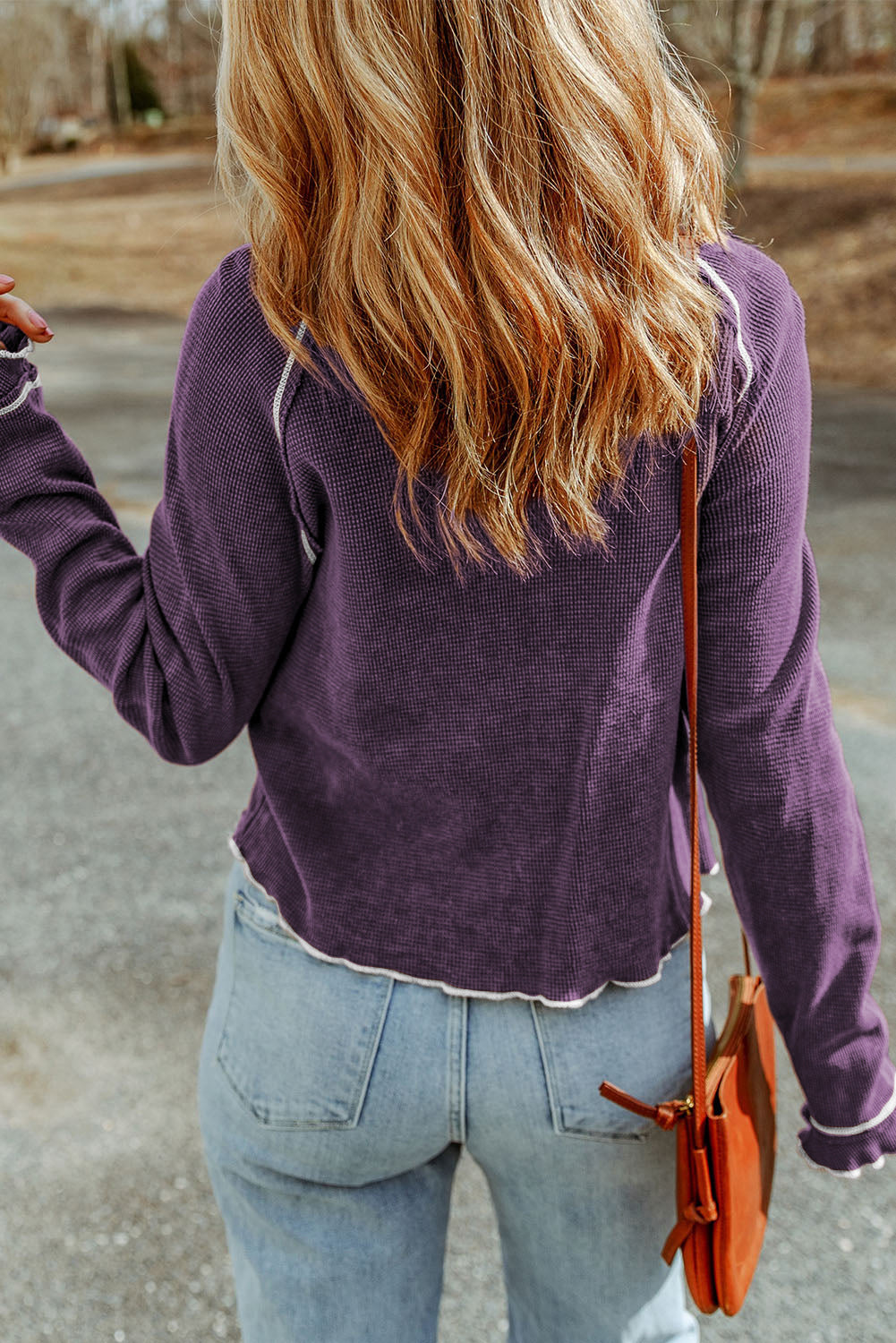 Solid Waffle Knit Round Neck Long Sleeve Top