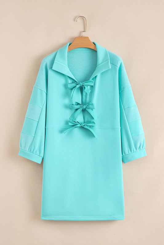 Bow Collared 3/4 Sleeve Side Pocket Mini Dress