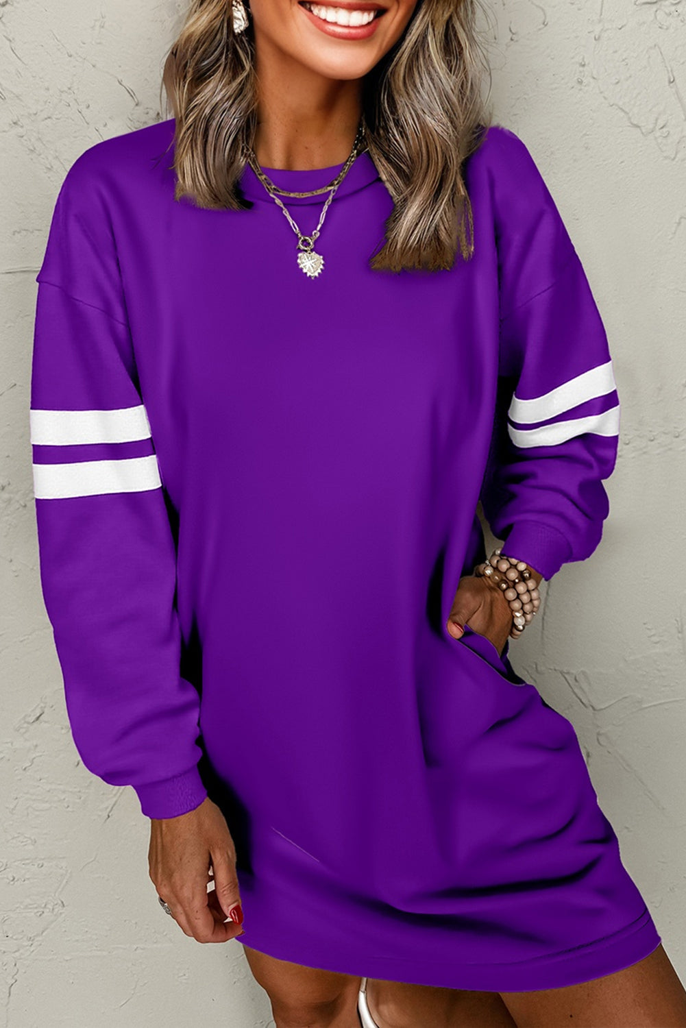 Varsity Stripe Banded Sleeve Sweatshirt Dress