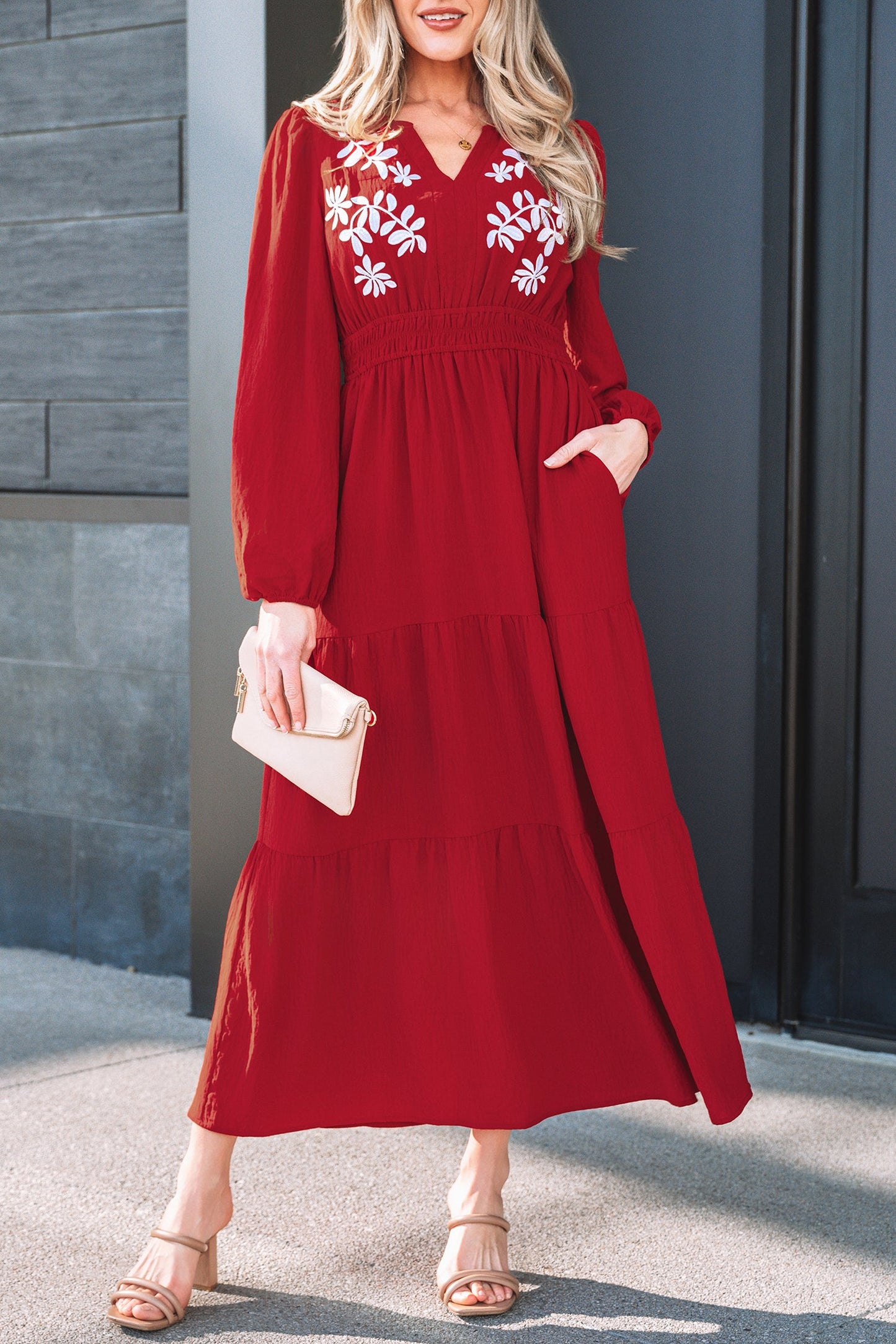 Floral Embroidered Long Sleeve Tiered Maxi Dress