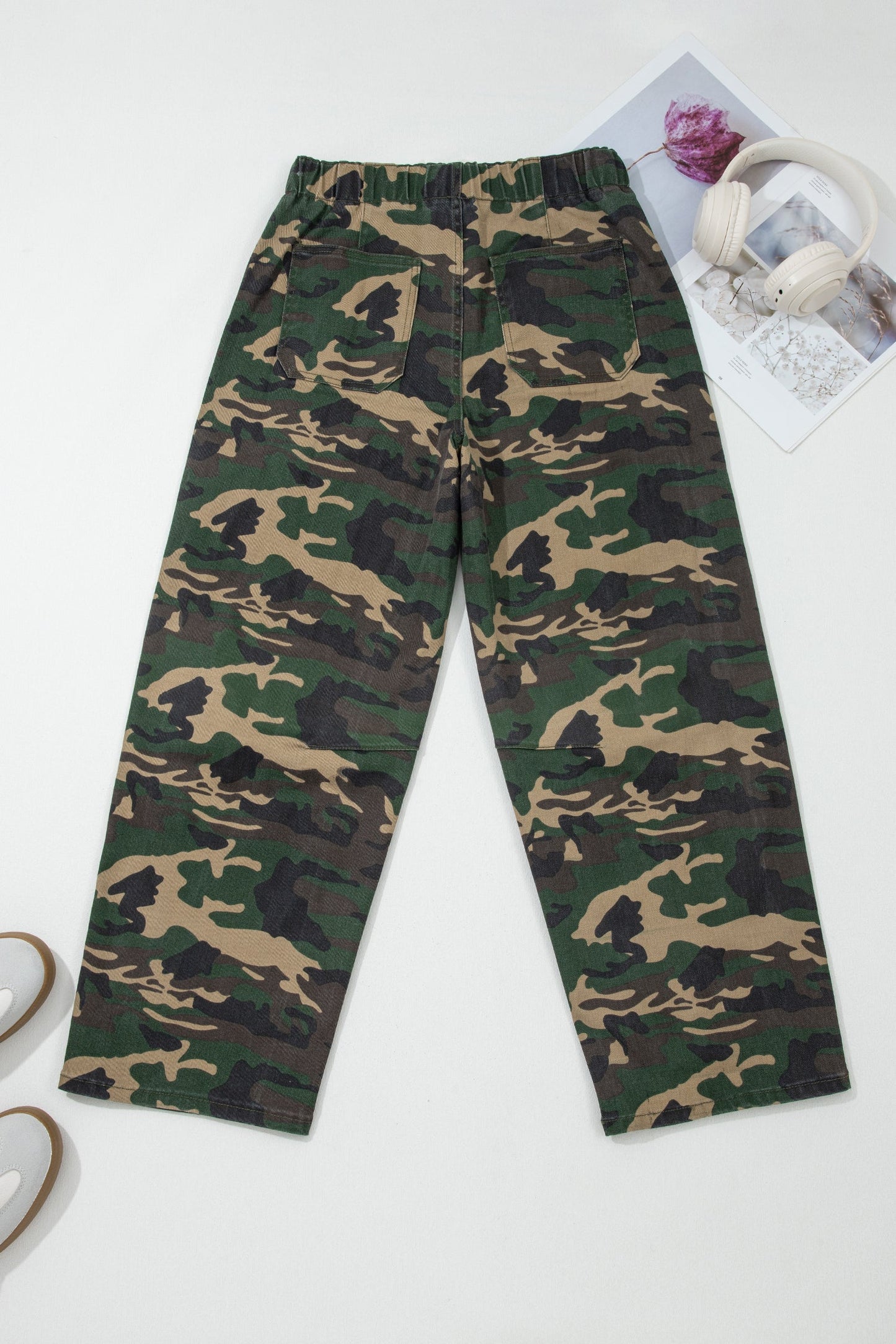 Camo Drawstring Patch Pocket Barrel Jeans