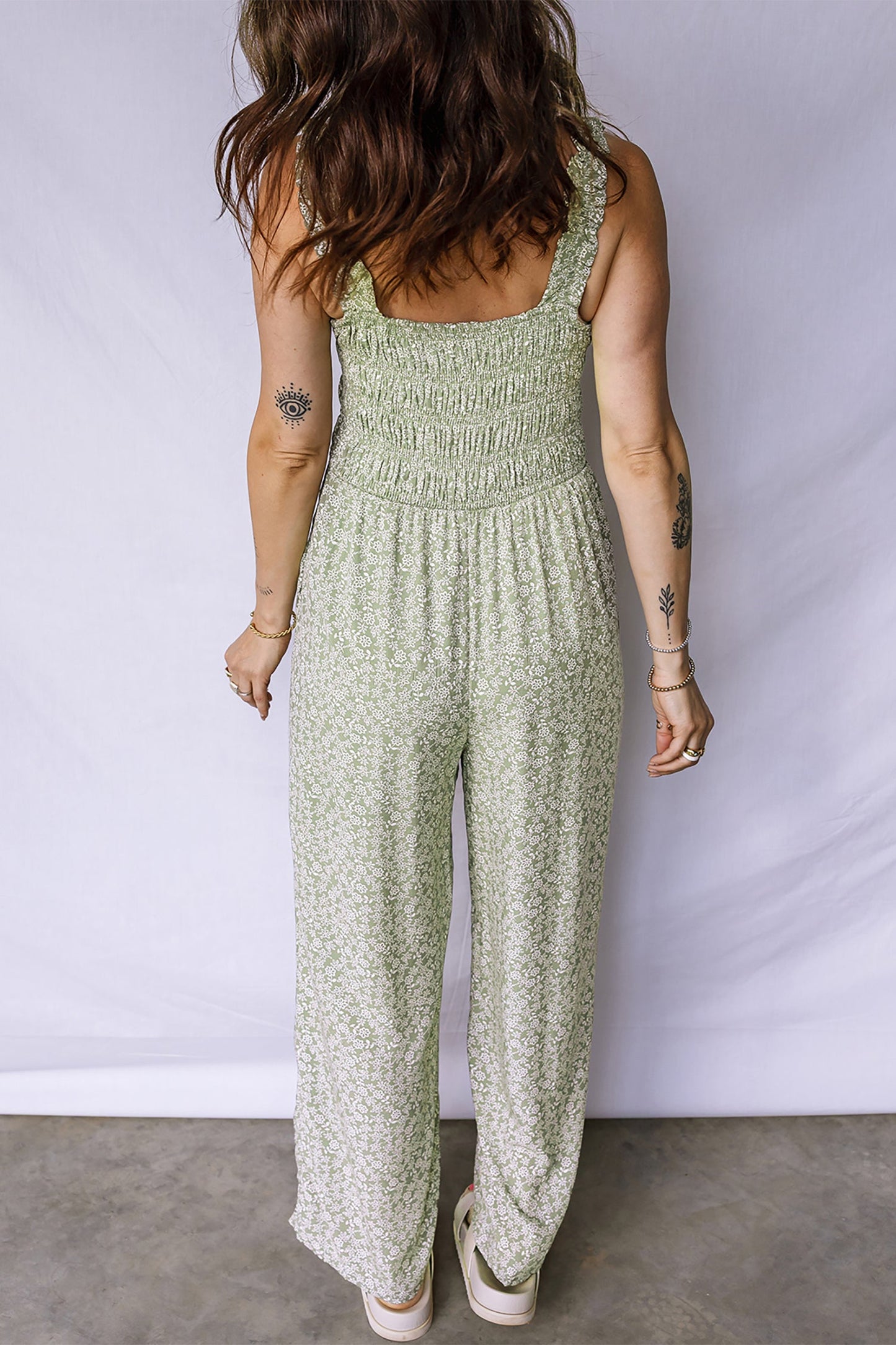 Floral Smocked Square Neck Sleeveless Jumpsuit