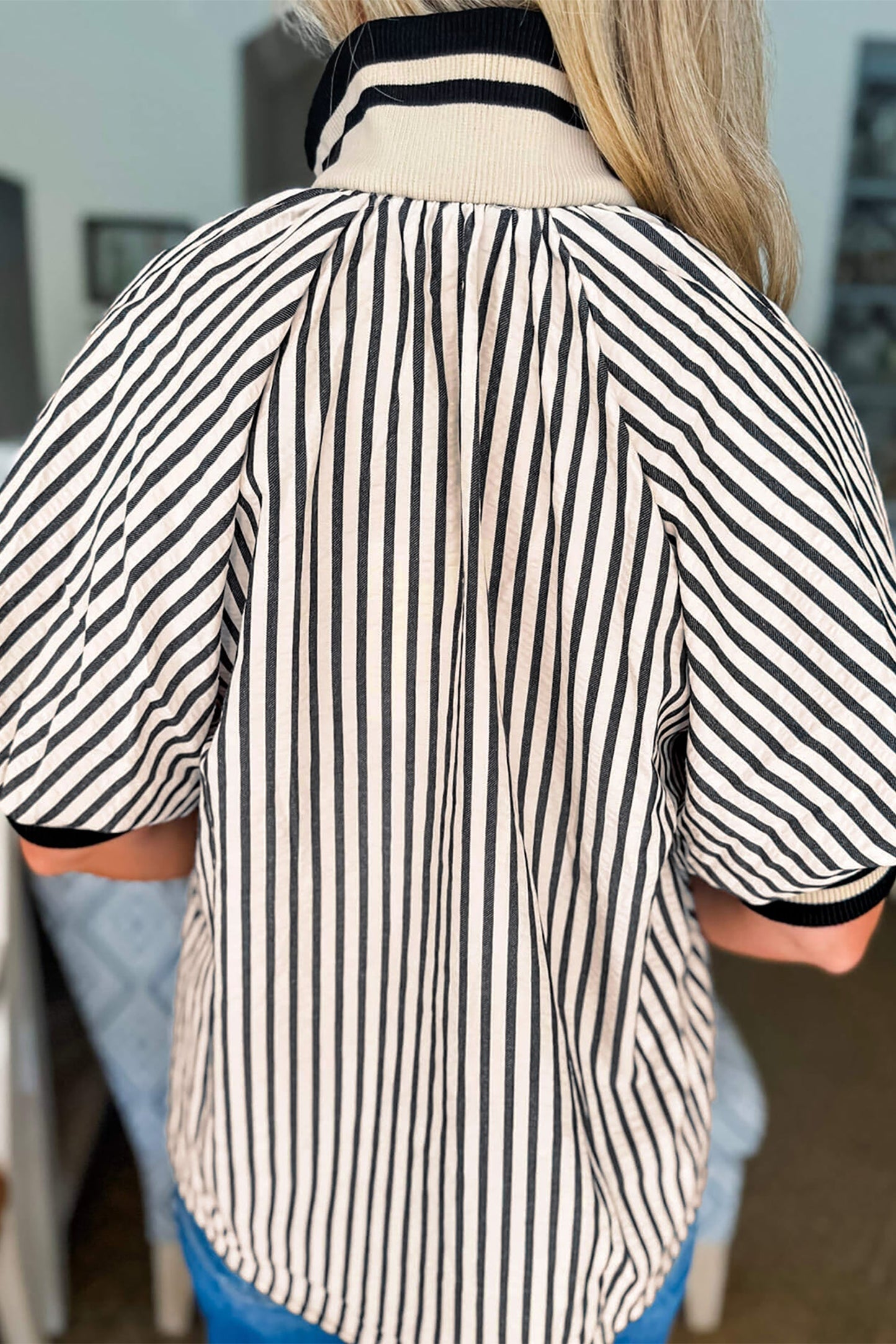 Stripe Polo Collar Half Zip Puff Sleeve Blouse