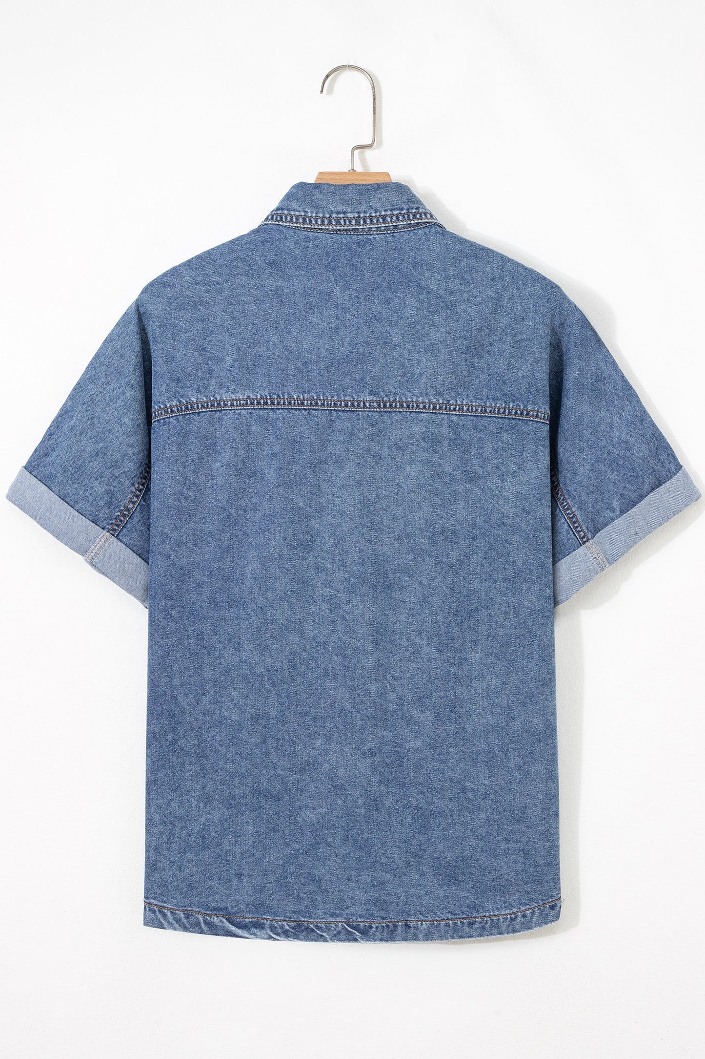 Denim Buttoned Flap Pocket Cuffed Short Sleeve Shirt