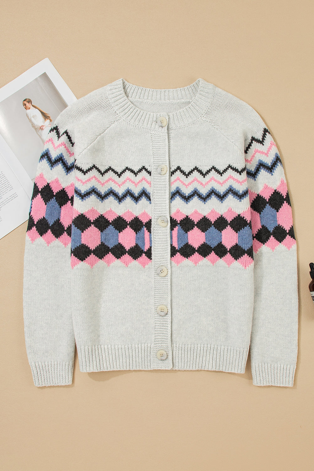 Stripe Geometric Button-Up Sweater Cardigan