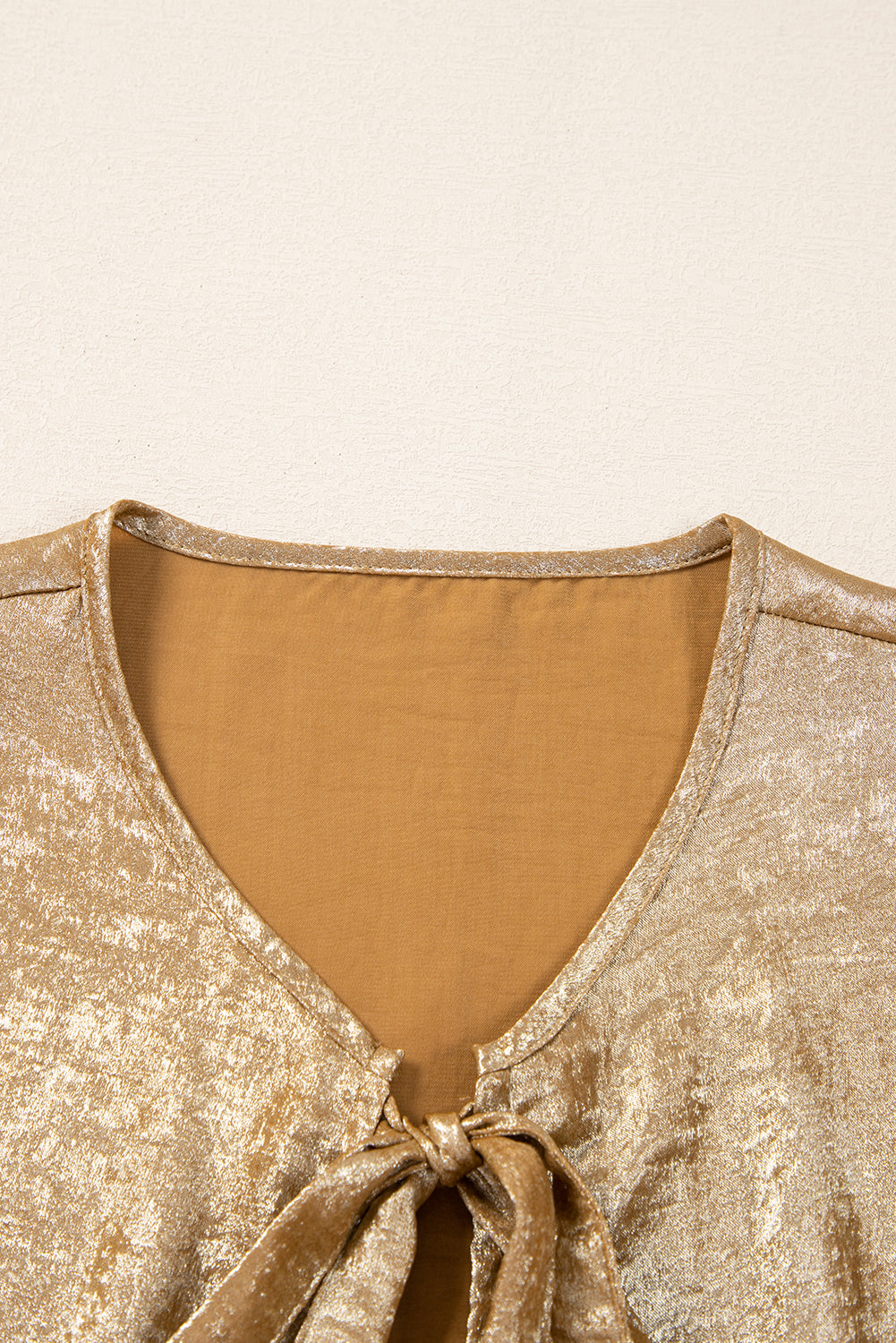 Metallic Tie Front 3/4 Puff Sleeve Peplum Blouse
