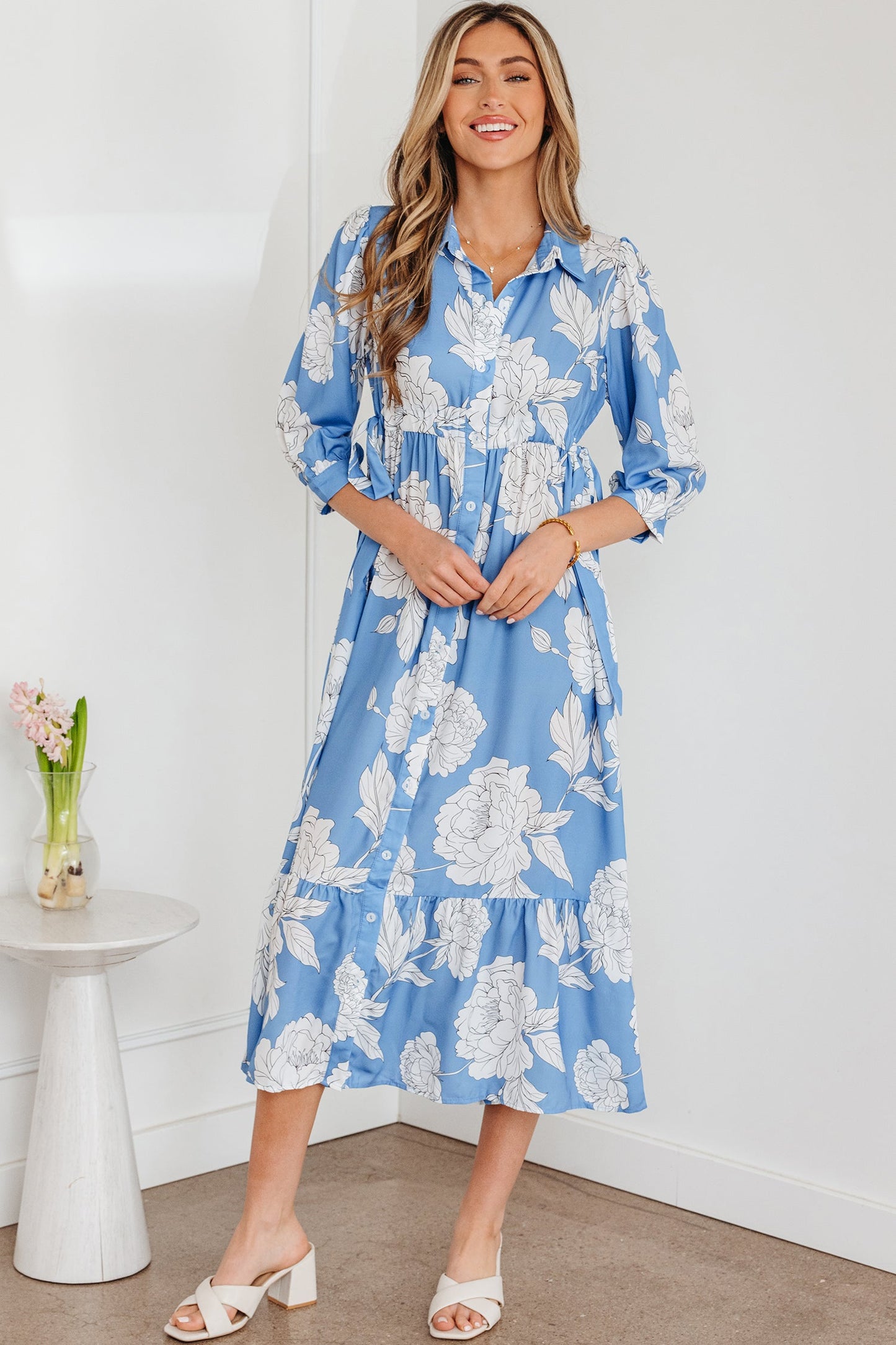Floral Button-Front 3/4 Sleeve Ruffle Hem Dress