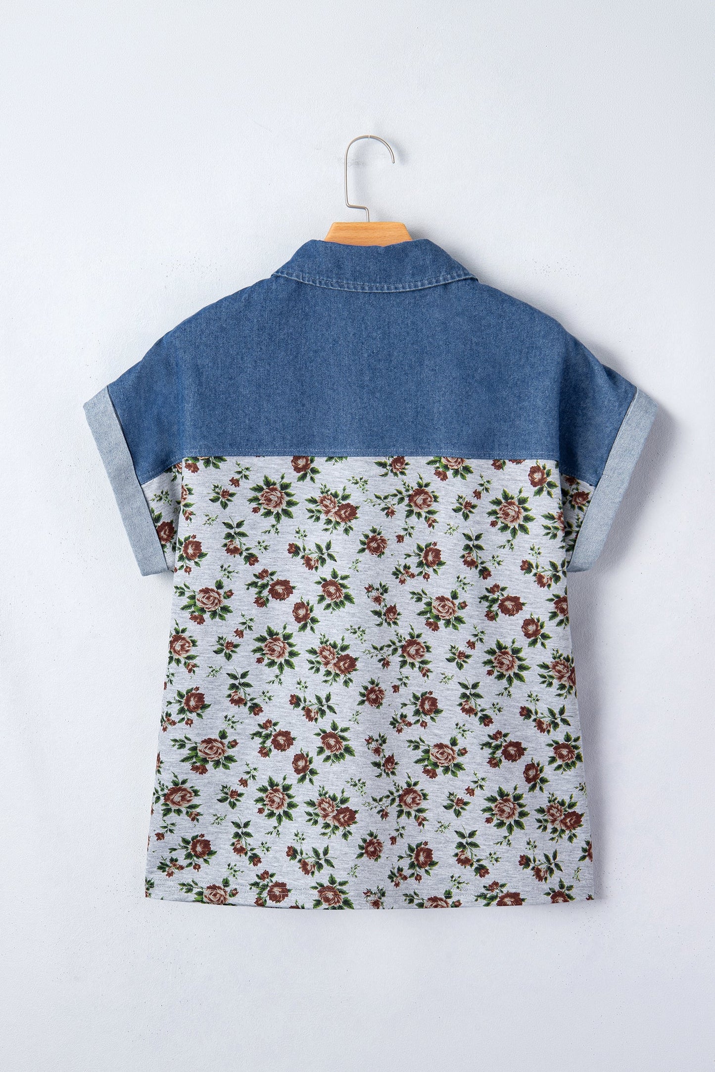 Floral Retro Denim Patchwork Button Collar Top