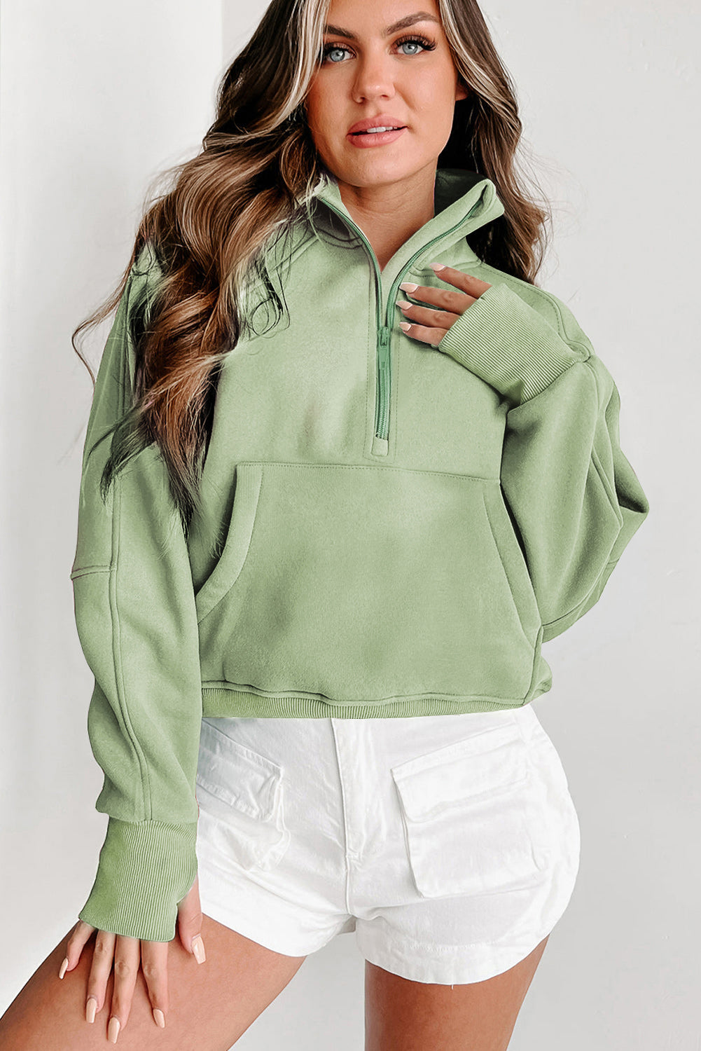 Solid Fleece-Lined Half-Zip Up Collar Sweatshirt