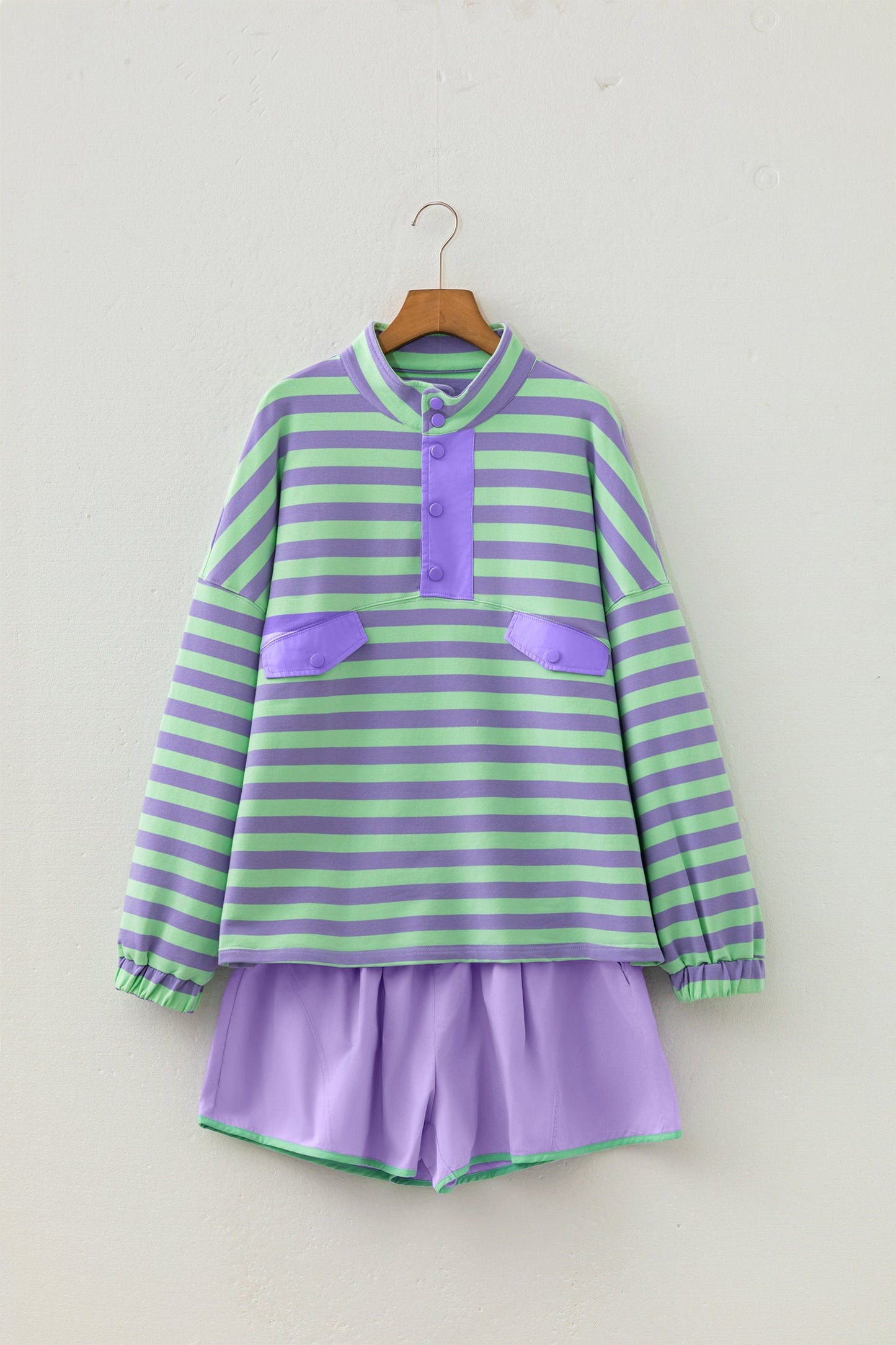 Stripe Half Button Long Sleeve Top and Shorts Set