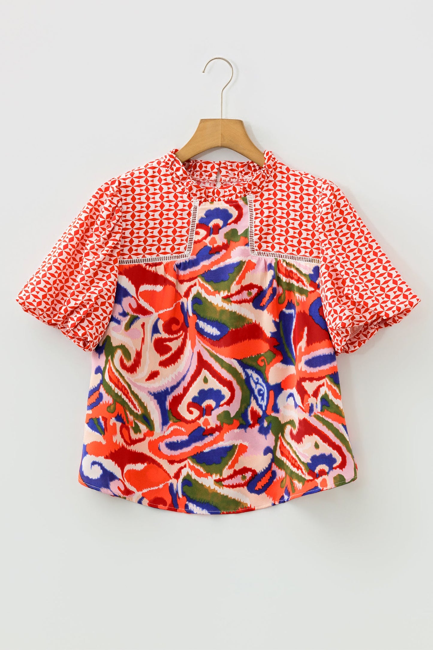 Paisley Geometric Patchwork Puff Sleeve Blouse