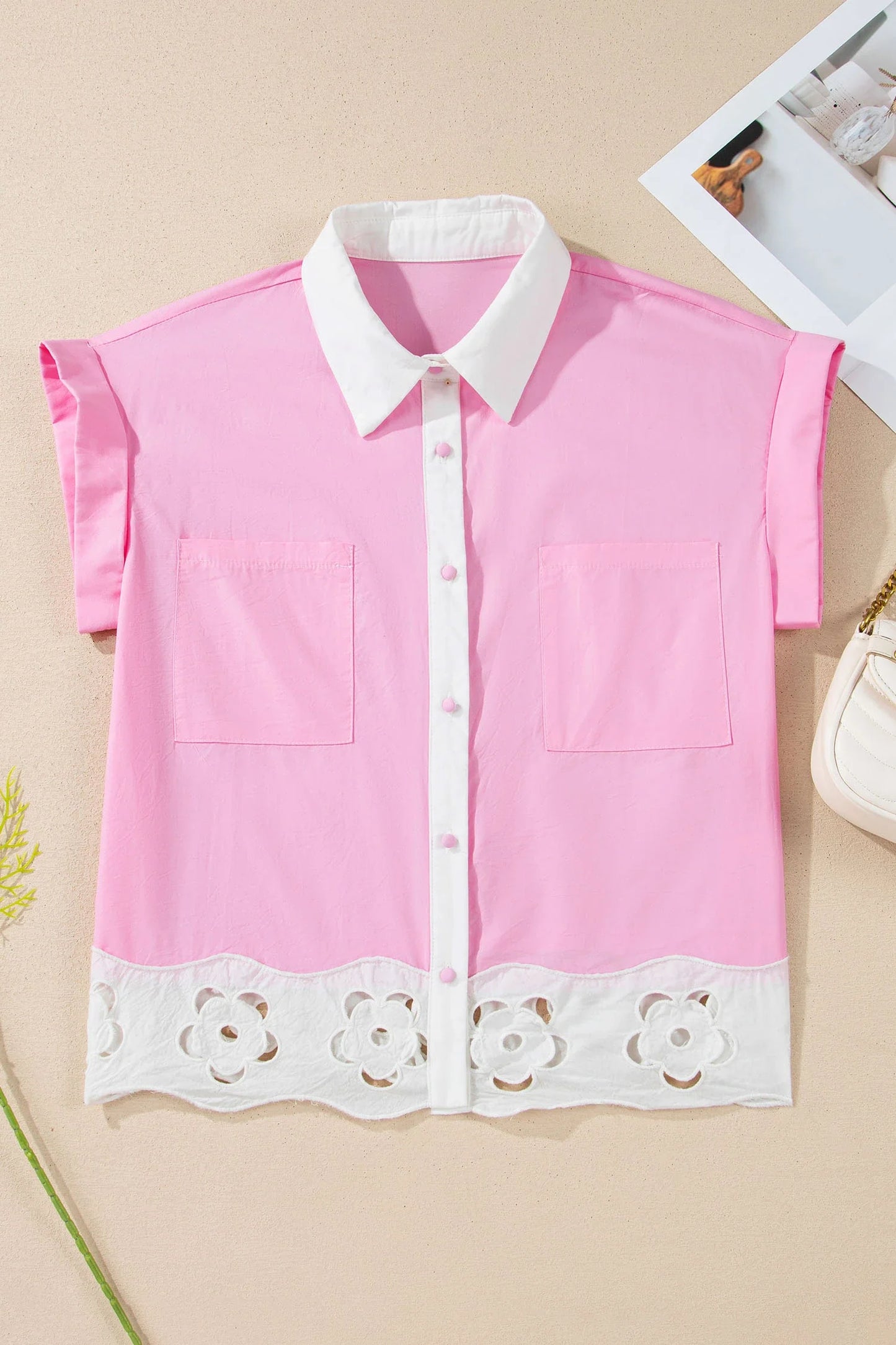 Floral Hollow Out Contrast Patchwork Shirt