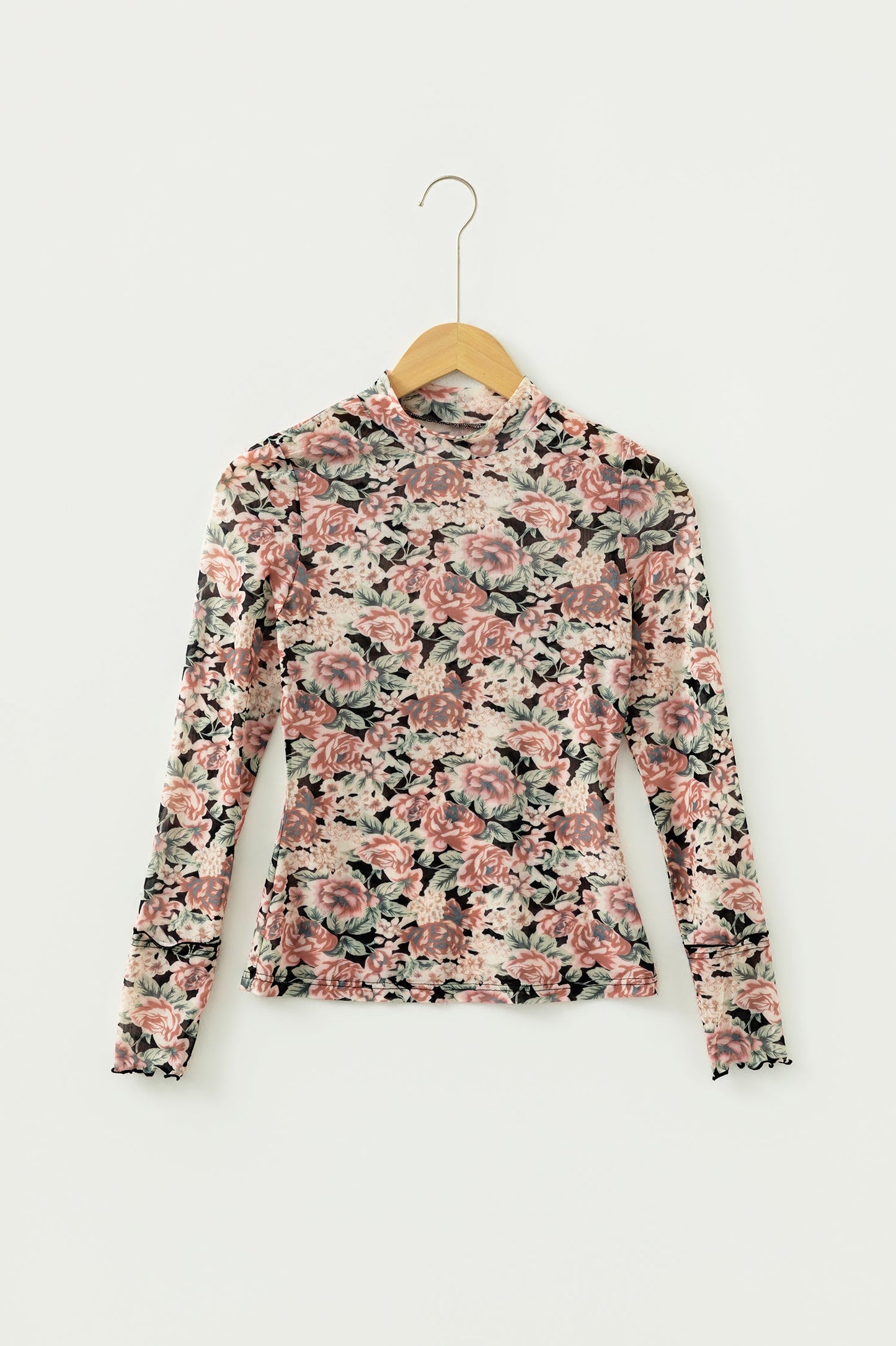 Floral Mesh Mock Neck Long Sleeve Top