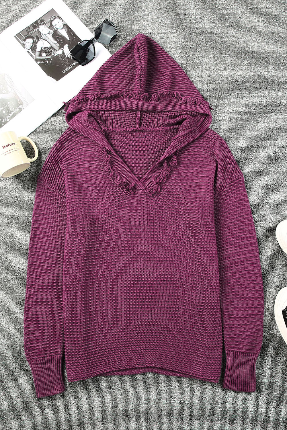 Solid Ribbed Drop Shoulder Hooded V-Neck Sweater