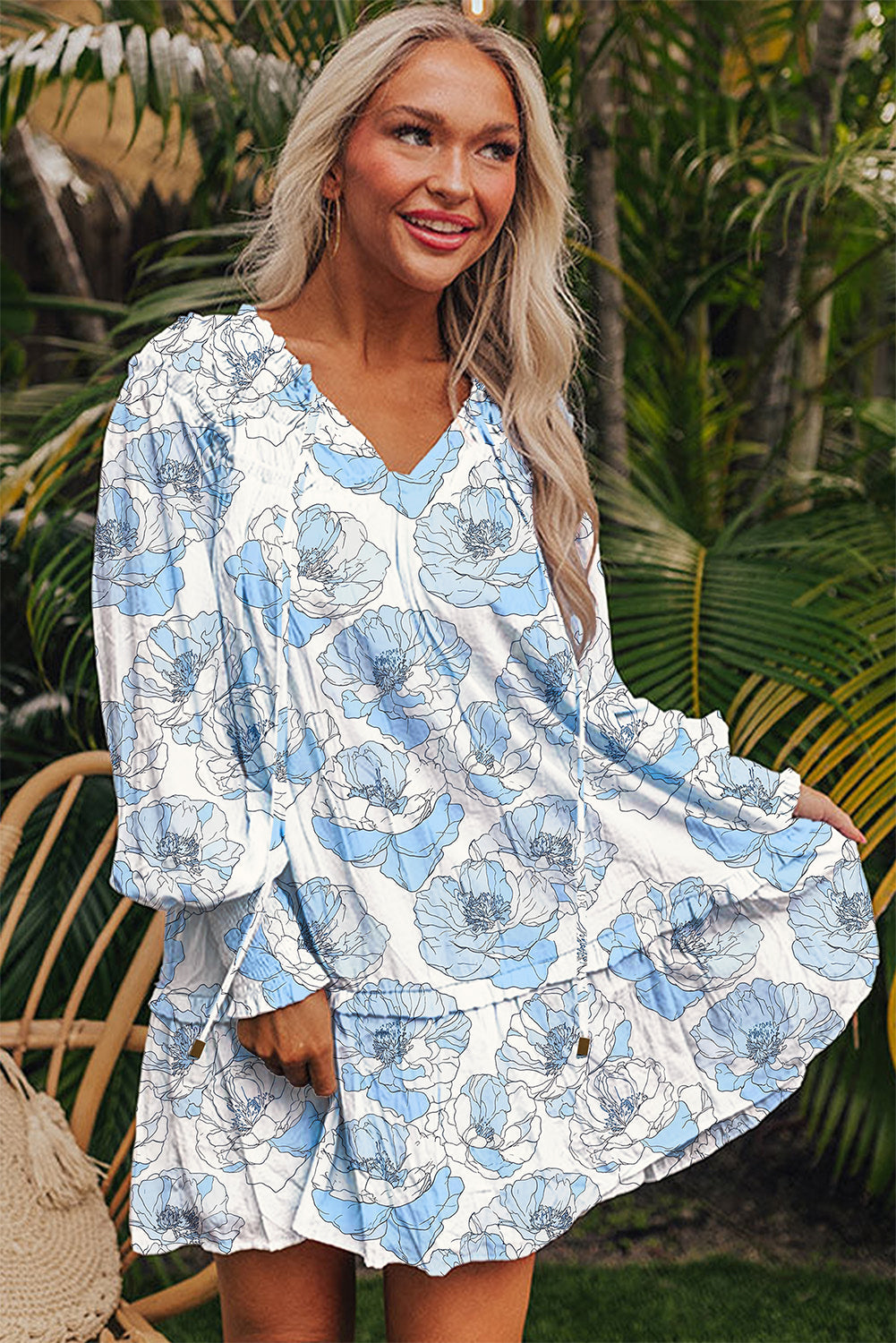 Floral Ruffle Tie Neck Mini Dress