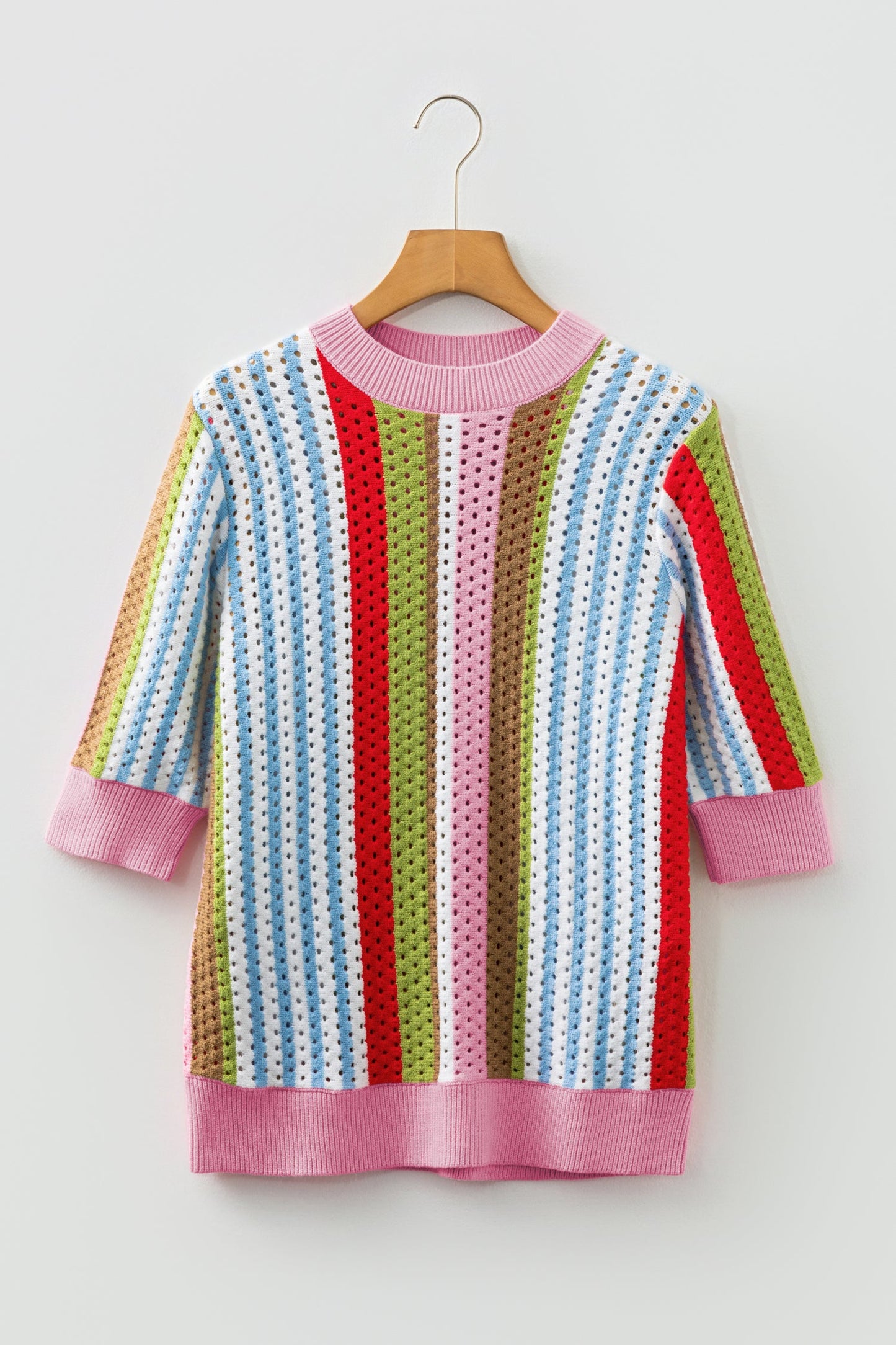Stripe Pointelle Knit 3/4 Sleeve Sweater