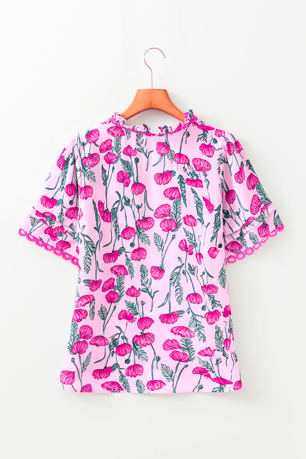 Floral Lace Detail Frilled V-Neck Summer Blouse