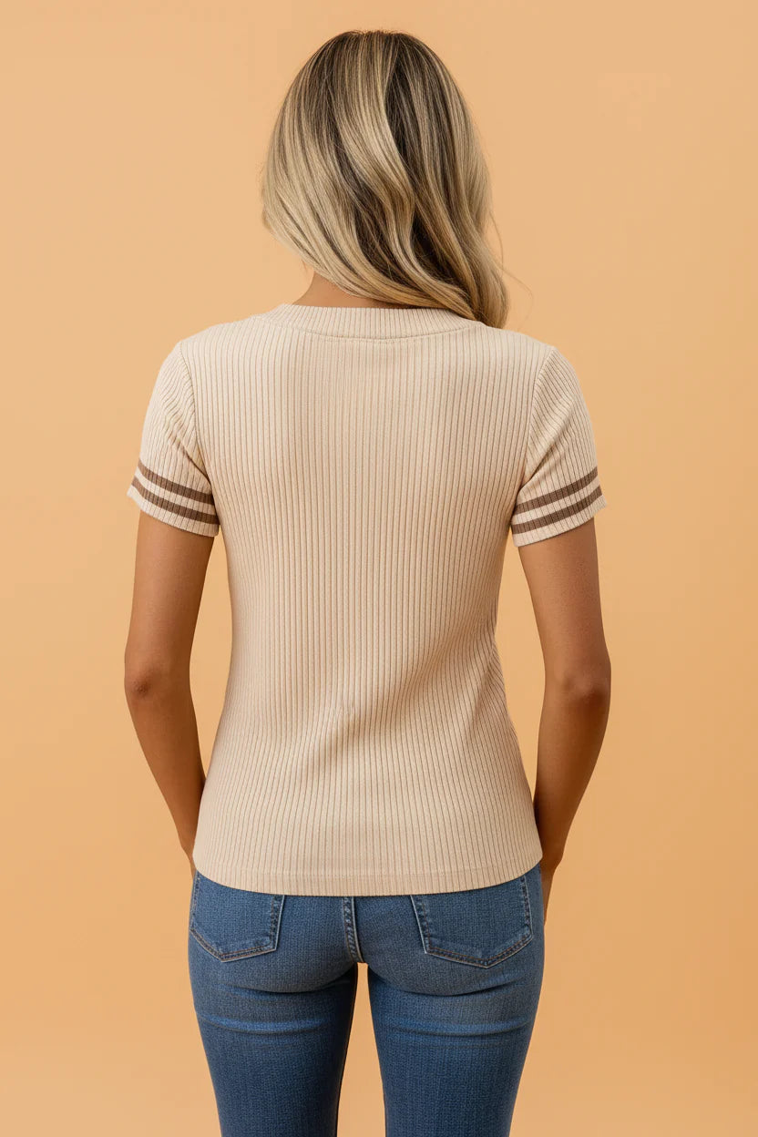 Stripe Contrast Short Sleeve Ribbed V-Neck Sweater