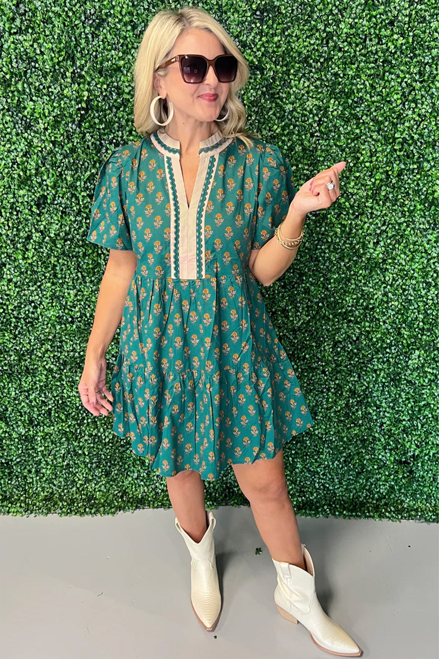 Floral Contrast Trim V-Neck Short Sleeve Dress