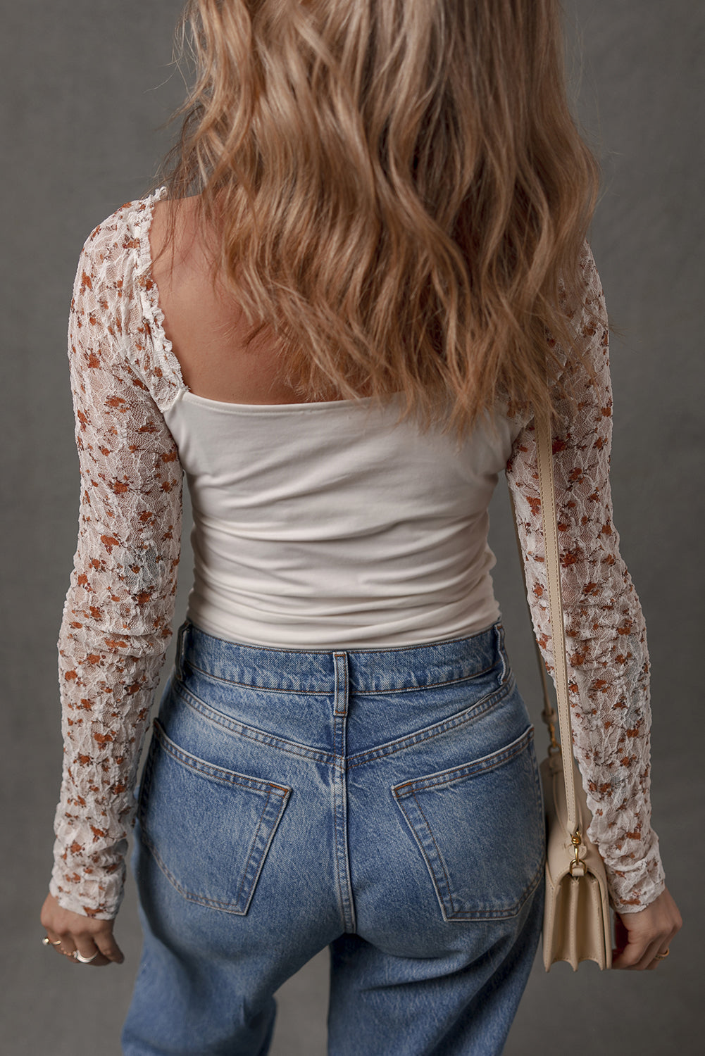 Floral Lace Patchwork Long Sleeve Square Neck Top