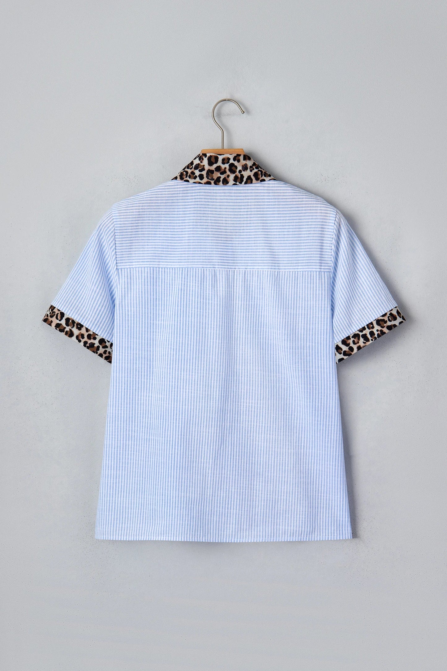 Stripe Leopard Contrast Collar Short Sleeve Shirt