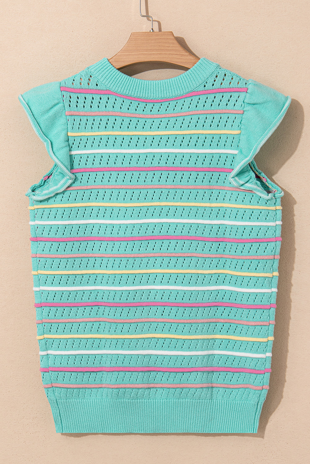 Colorful Stripe Eyelet Knit Ruffle Sleeve Sweater