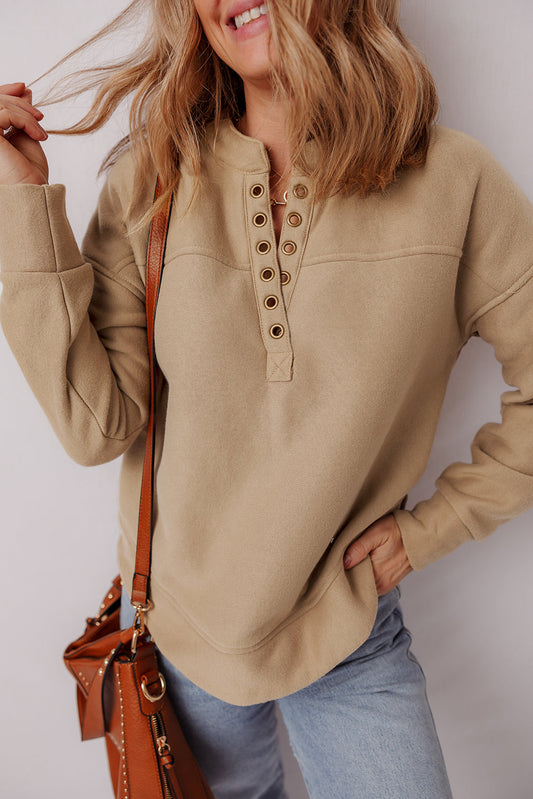 Solid Grommet V-Neck Drop Shoulder Sweatshirt