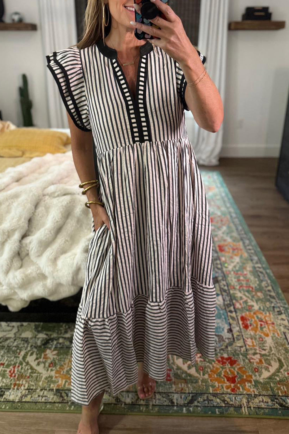 Stripe Ruffle Short Sleeve V-Neck Midi Dress