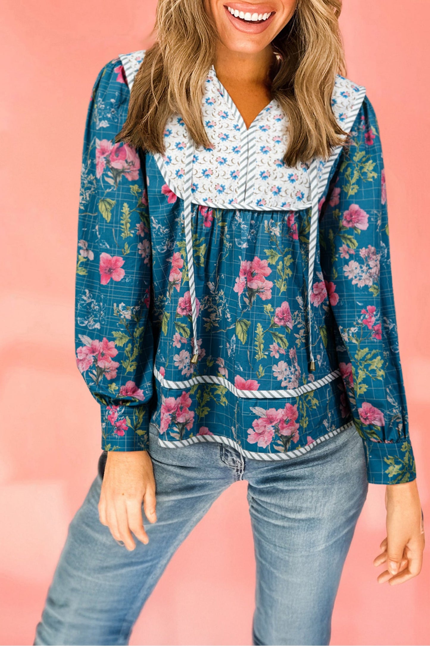 Floral Stripe Patchwork Long Puff Sleeve Blouse