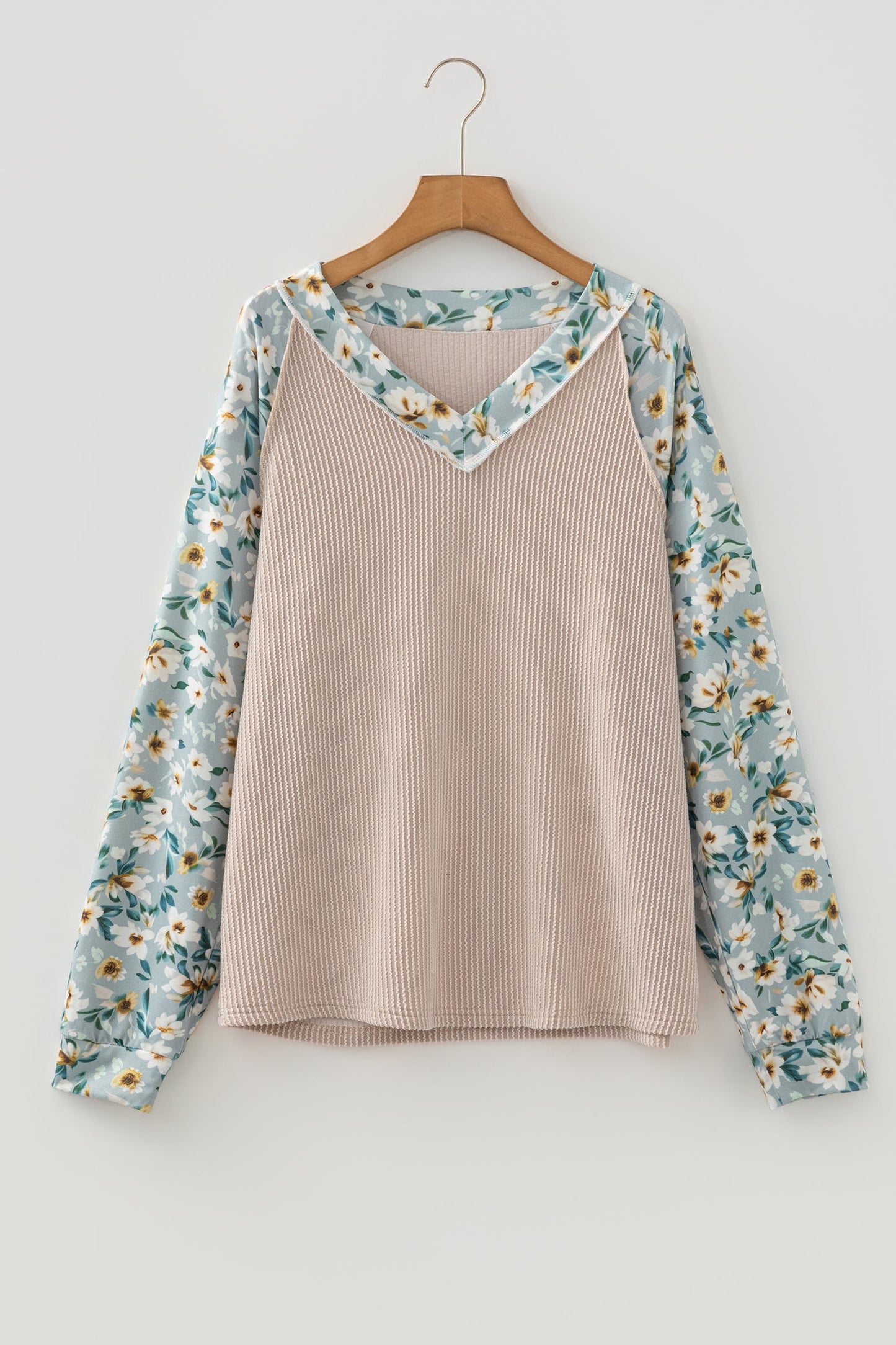 Floral Ribbed Contrast Patchwork Long Sleeve Top