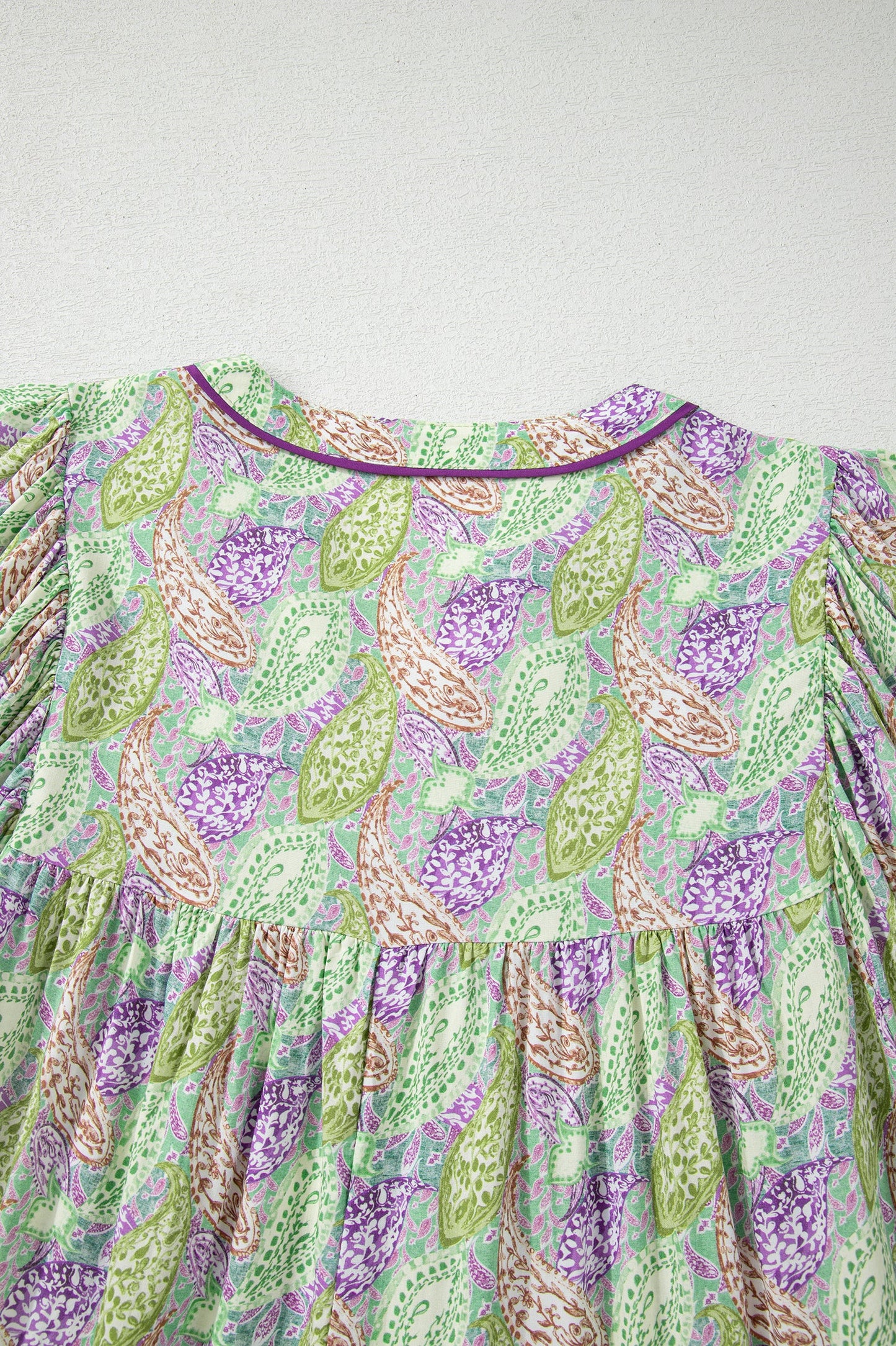Boho Paisley Short Puff Sleeve V-Neck Blouse