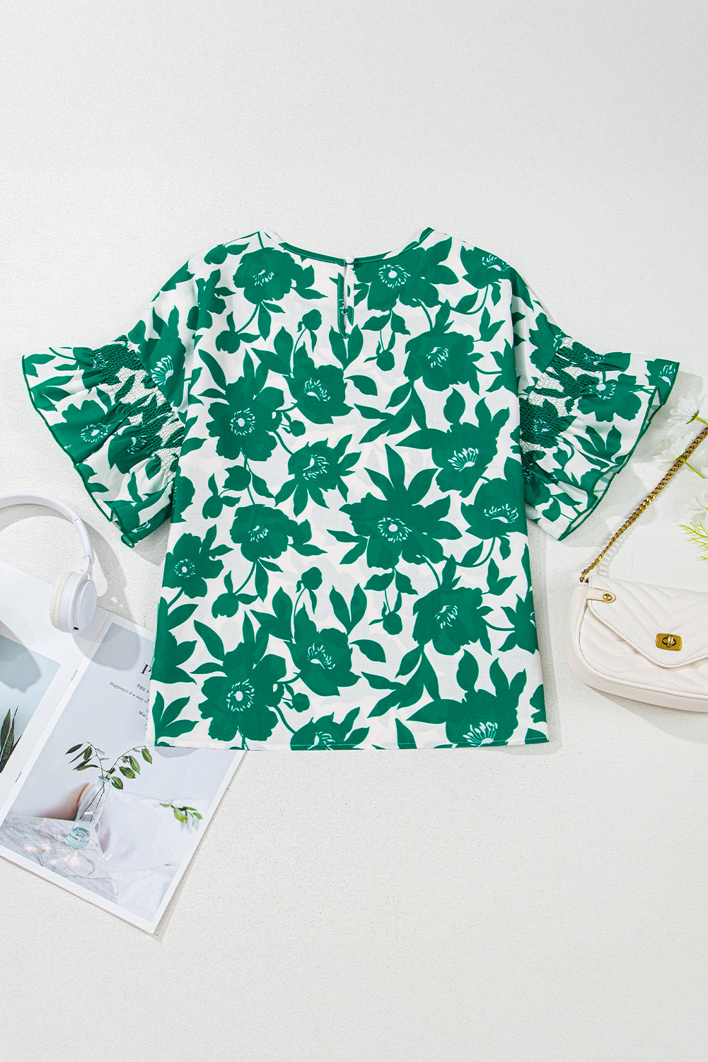 Floral Ruffle Short Sleeve Round Neck Blouse